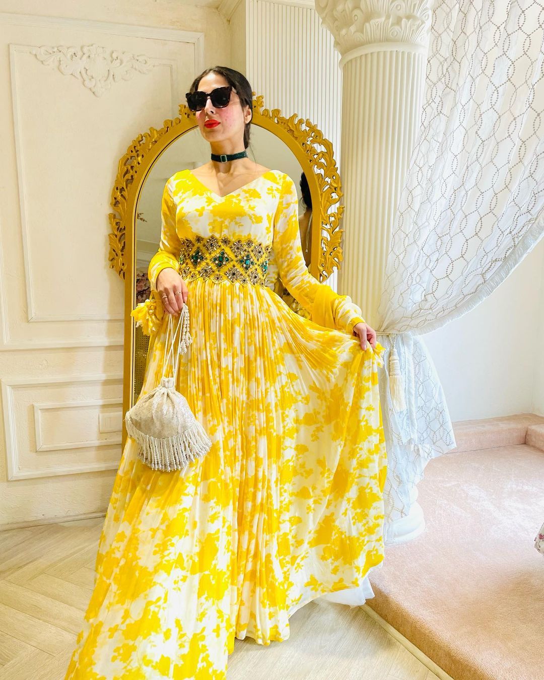 YELLOW ANARKALI SUIT WITH DUPATTA FLORAL DESIGN