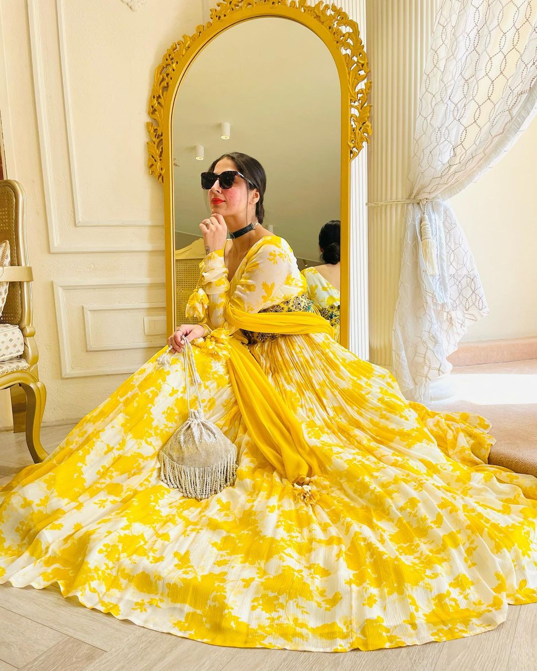 YELLOW ANARKALI SUIT WITH DUPATTA FLORAL DESIGN