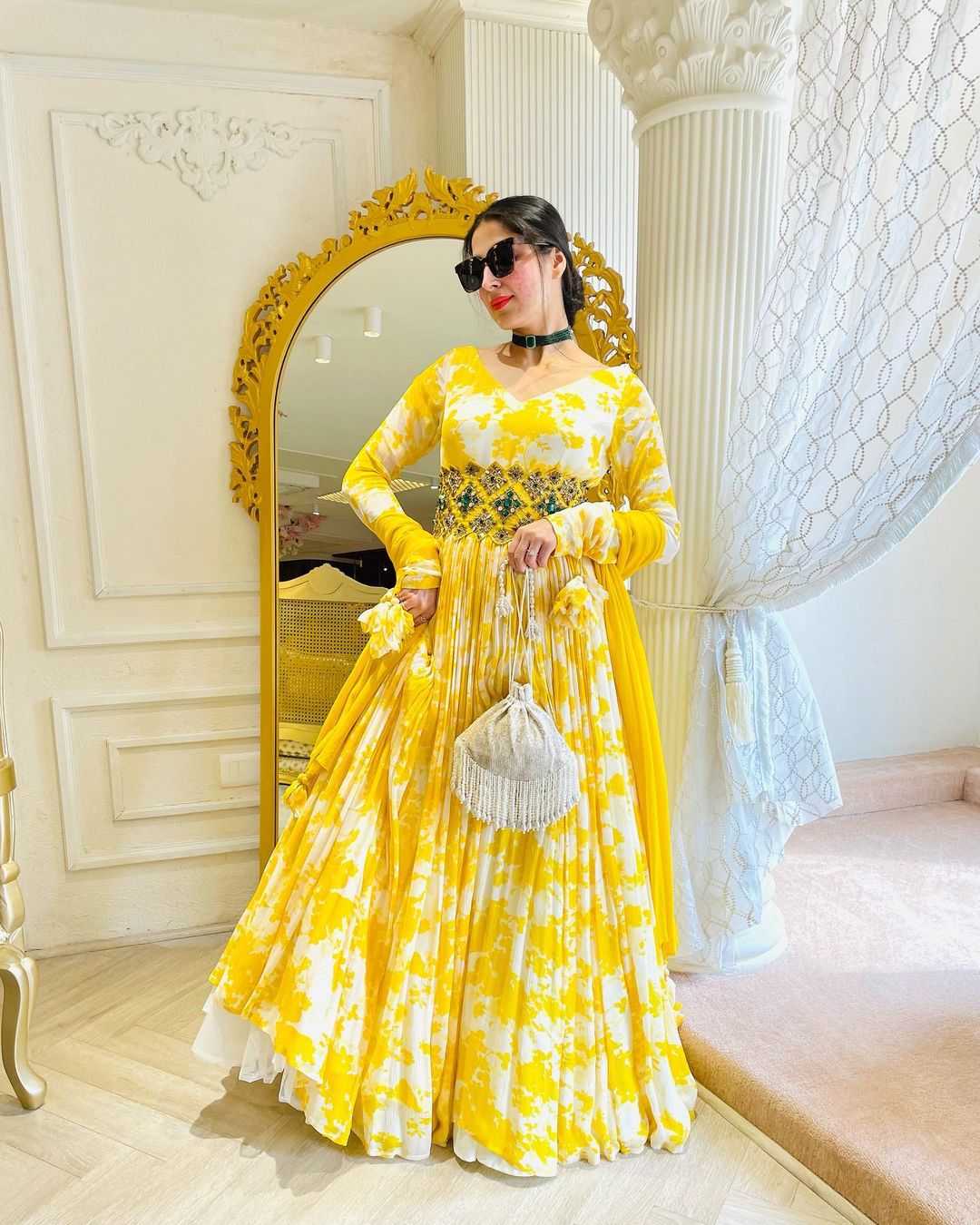 YELLOW ANARKALI SUIT WITH DUPATTA FLORAL DESIGN