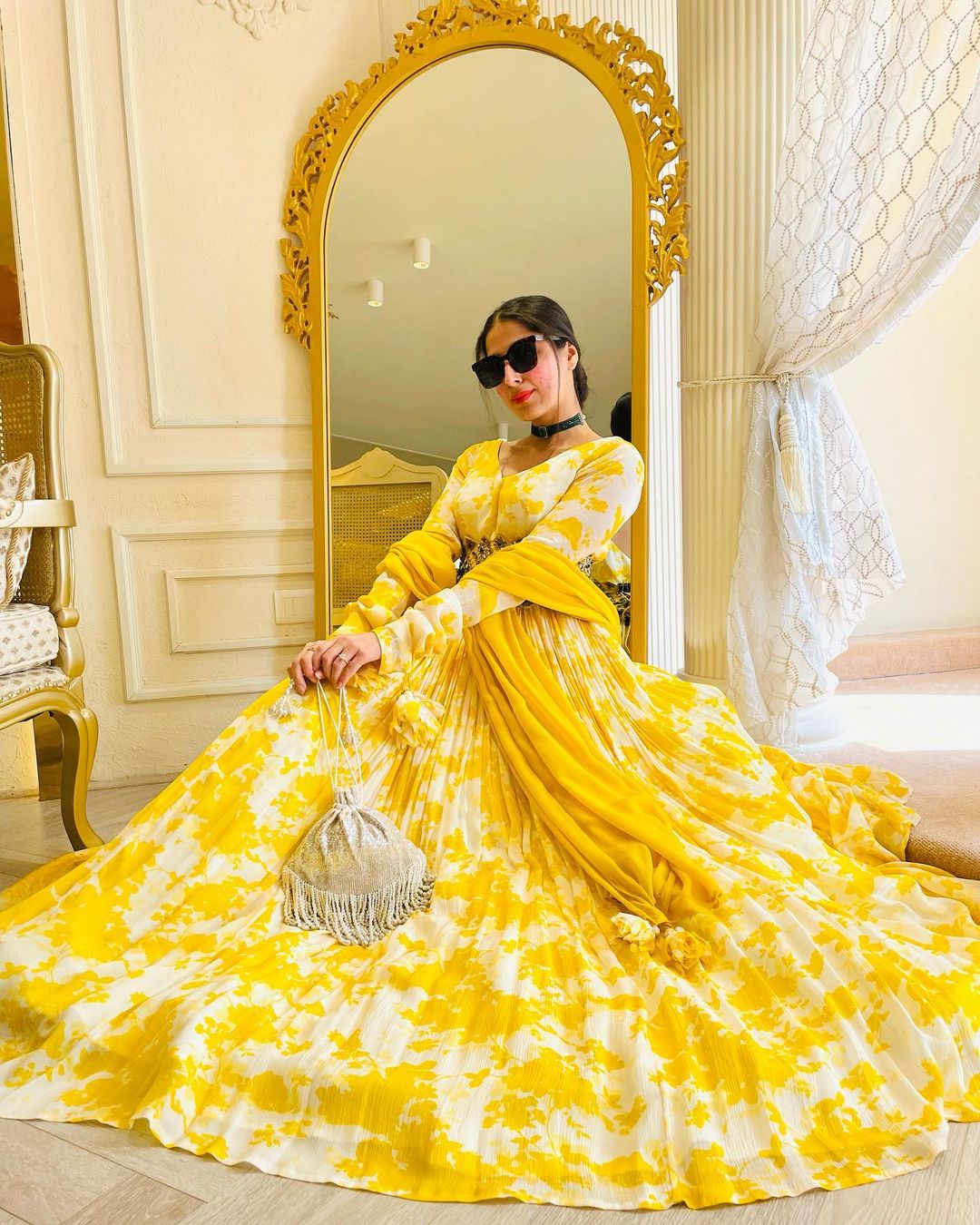 YELLOW ANARKALI SUIT WITH DUPATTA FLORAL DESIGN