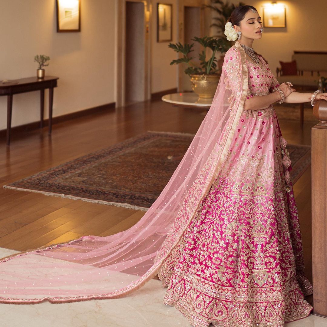 PINK PEARL LEHENGA SET WITH SEQUENCE EMBROIDERY AND PINK TRAIL