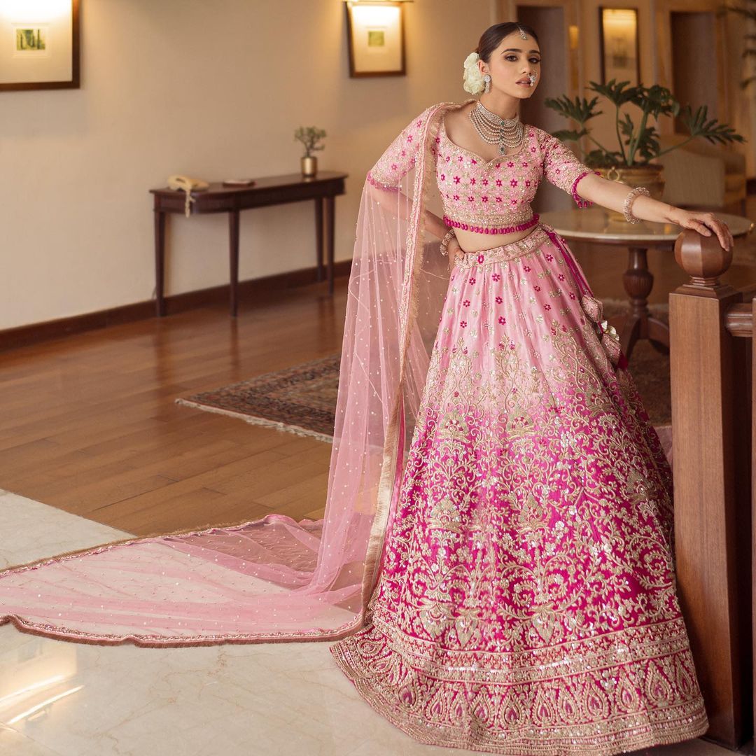 PINK PEARL LEHENGA SET WITH SEQUENCE EMBROIDERY AND PINK TRAIL