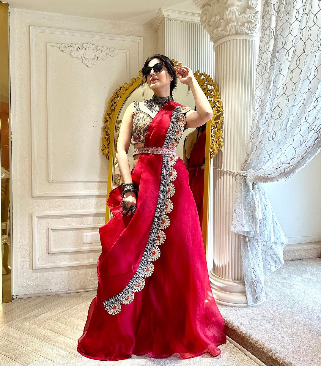 TRANSPARENT RED COLOR SAREE WITH FLOWER EMBROIDERY TOP