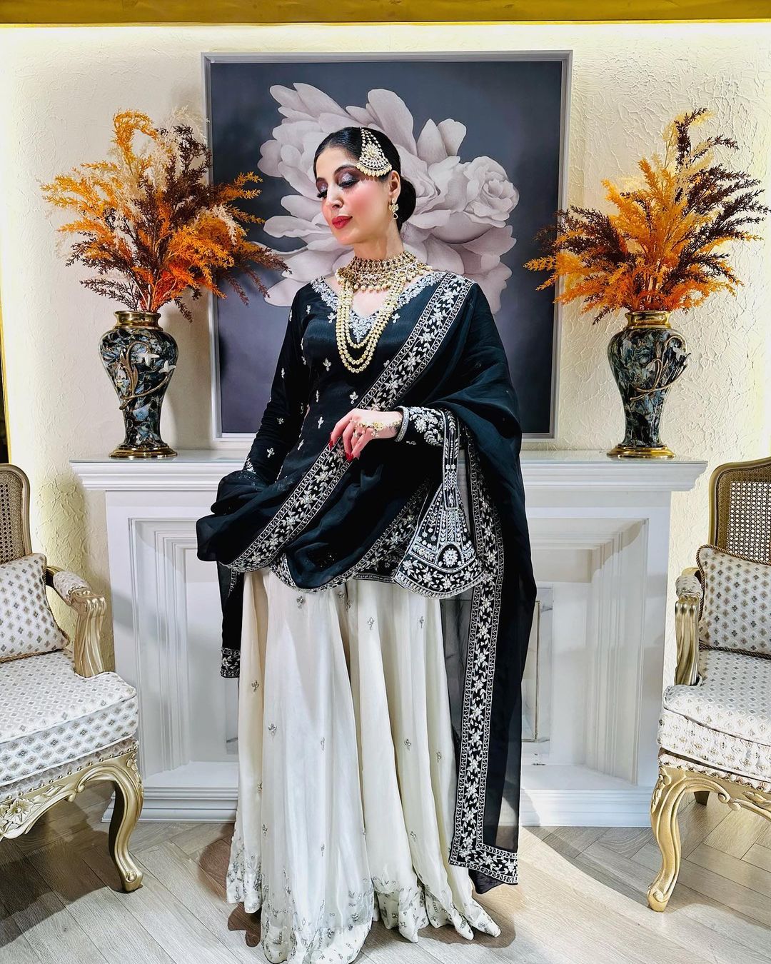 BLACK & WHITE ANARKALI SUIT WITH DUPATTA VELVET TOP