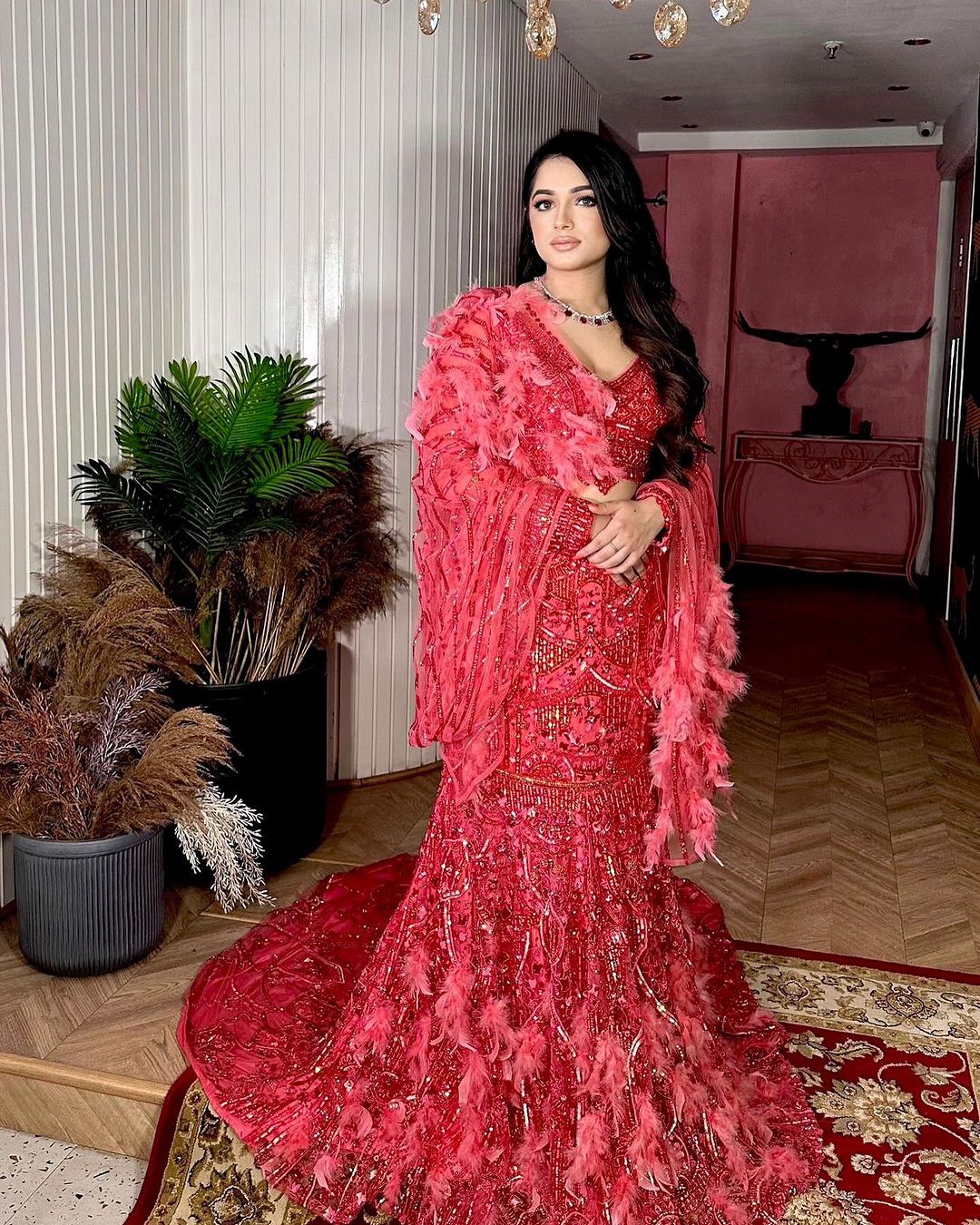 RED EMBELLISHED FISH CUT LEHENGA