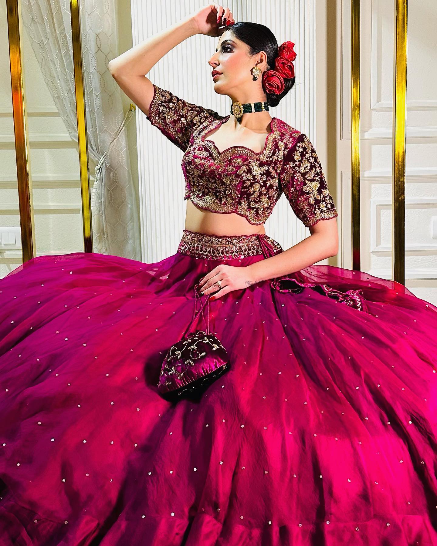 RED PURPLE LEHENGA WITH FLOWER EMBROIDERY