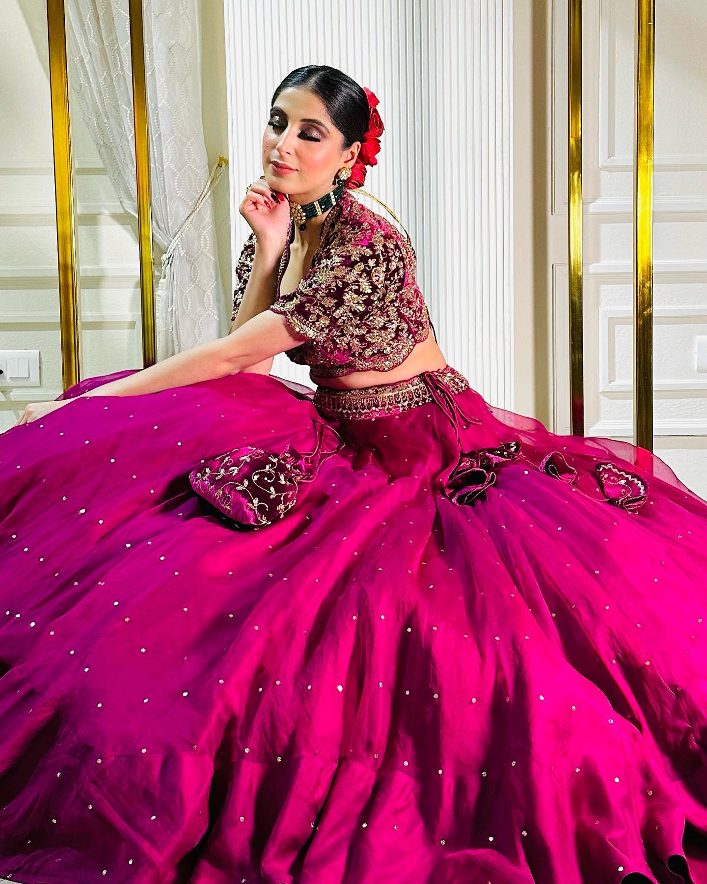 RED PURPLE LEHENGA WITH FLOWER EMBROIDERY