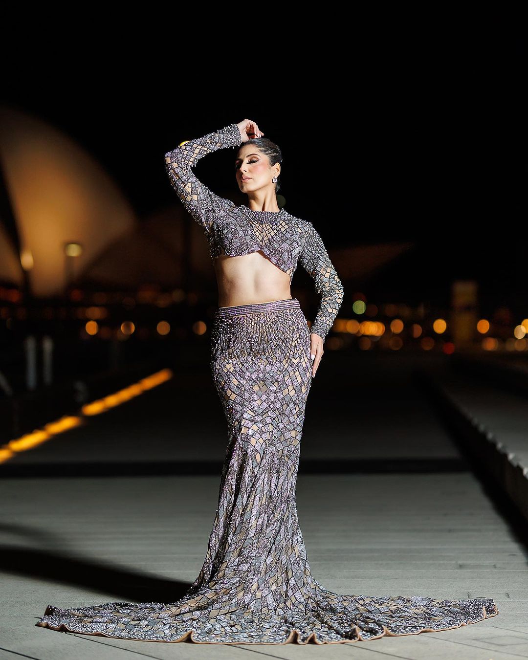 GRAY AND SILVER FISH CUT LEHENGA