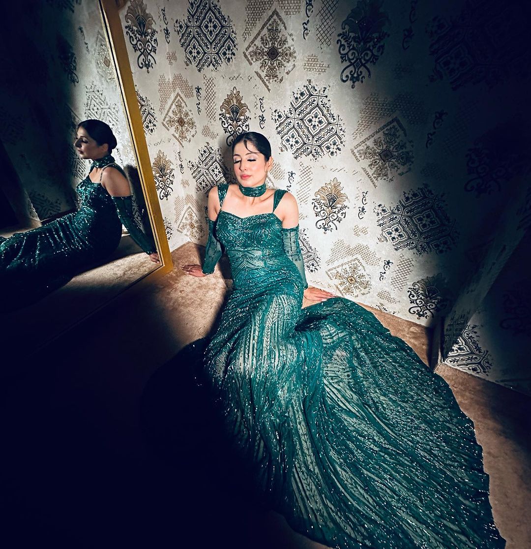 PINE GREEN FISH CUT LEHENGA