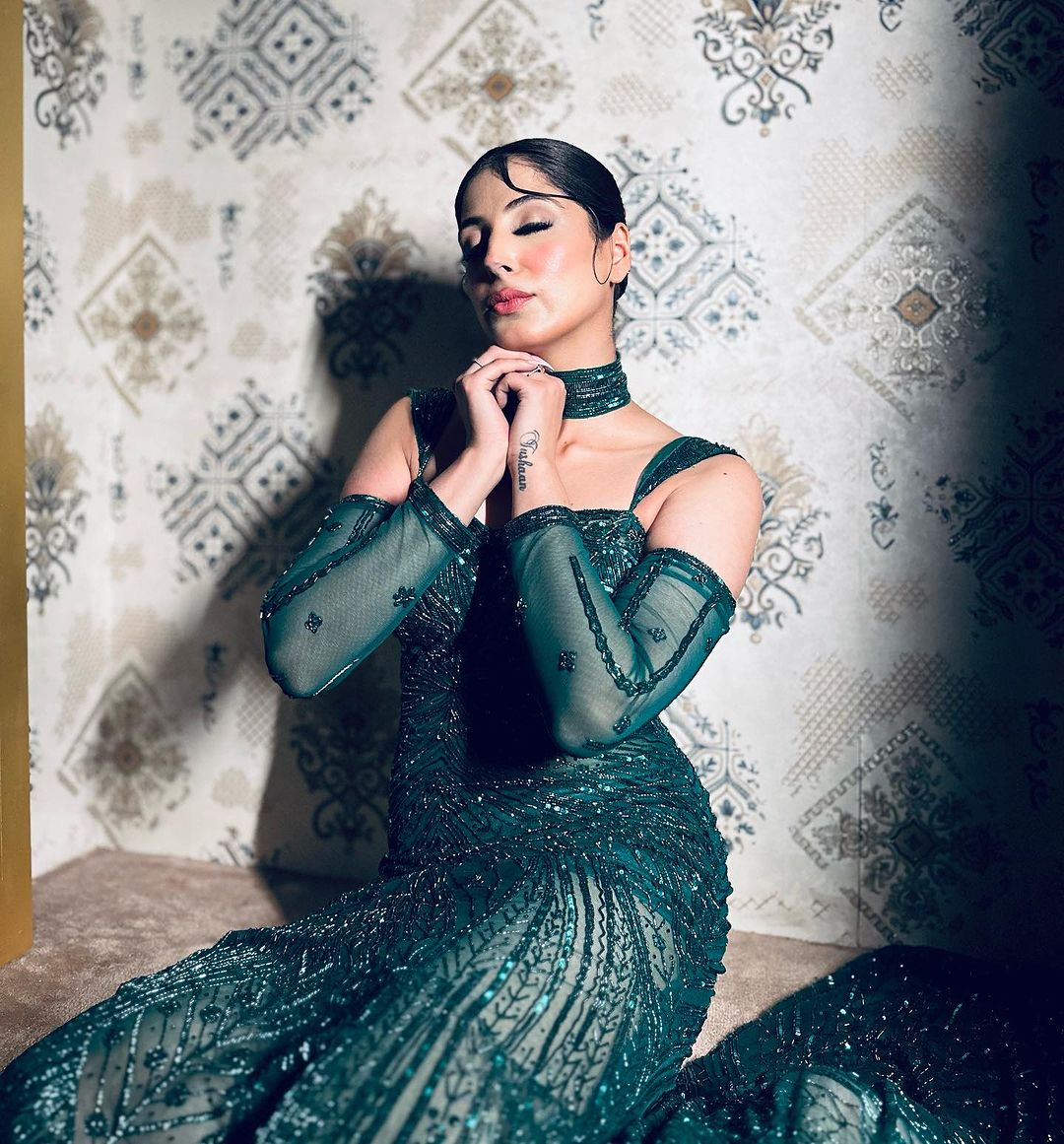 PINE GREEN FISH CUT LEHENGA