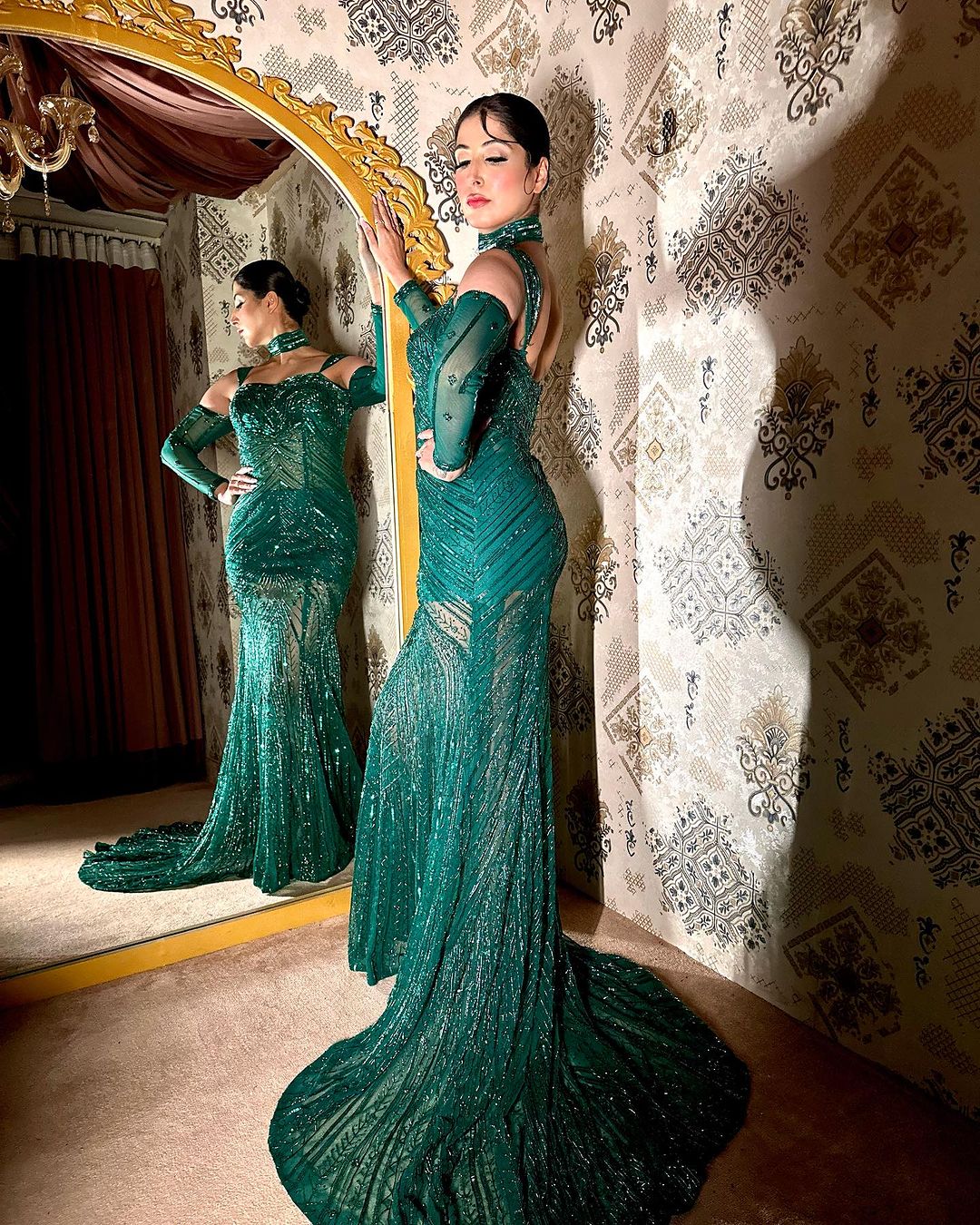 PINE GREEN FISH CUT LEHENGA