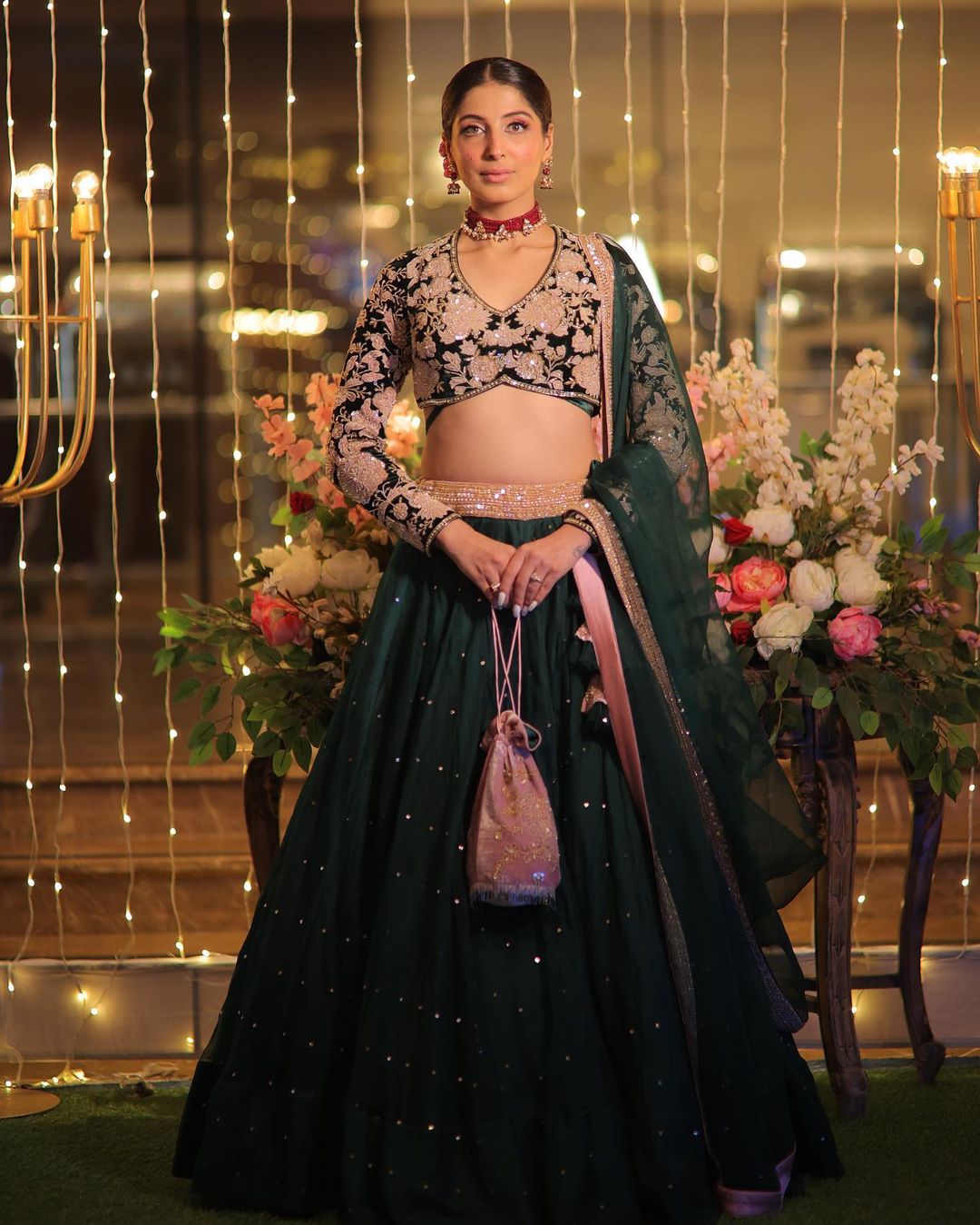 DARK JUNGLE GREEN LEHENGA WITH FLOWER EMBROIDERY