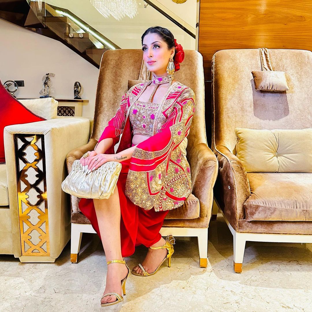 RED COLOR KURTI WITH HOT PINK JACKET HEAVY EMBROIDERY