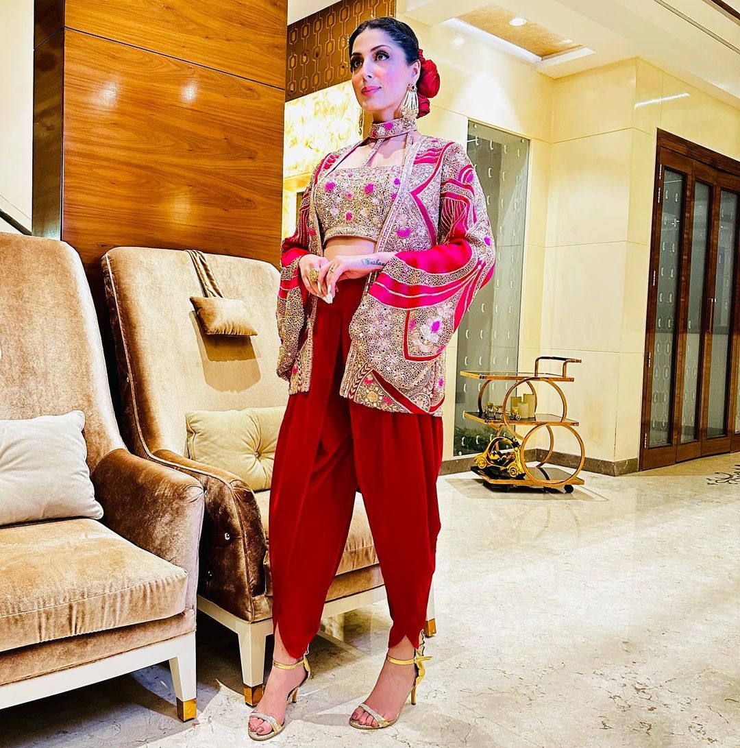 RED COLOR KURTI WITH HOT PINK JACKET HEAVY EMBROIDERY
