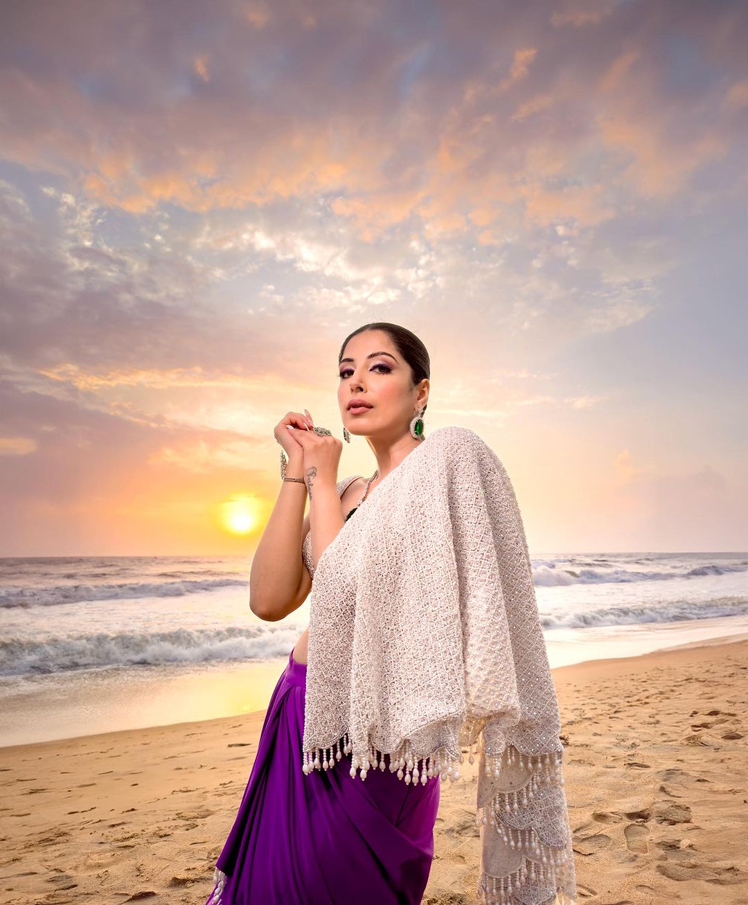 PURPLE COLOR & WHITE COLOR SAREE WITH ISABELLINE COLOR TOP & DRAPE