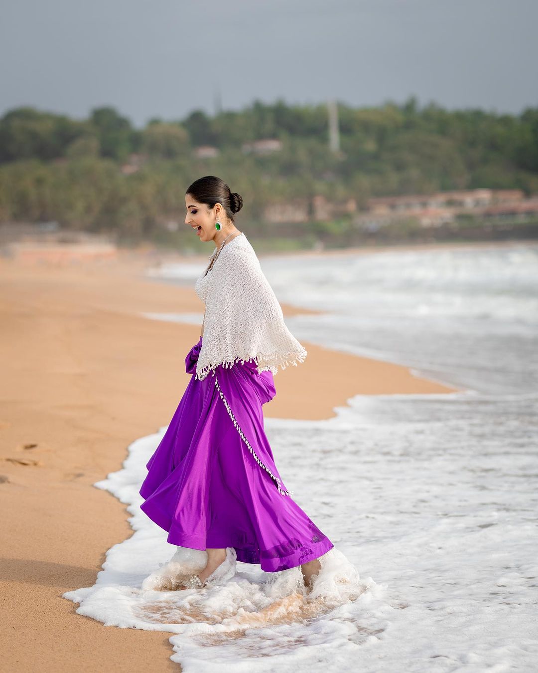PURPLE COLOR & WHITE COLOR SAREE WITH ISABELLINE COLOR TOP & DRAPE