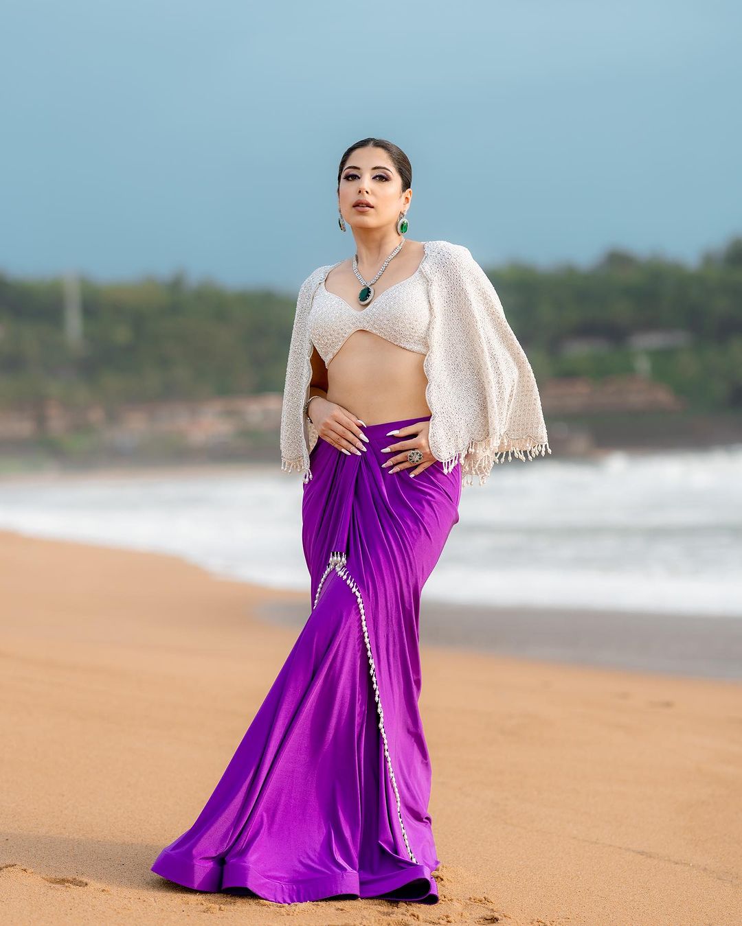 PURPLE COLOR & WHITE COLOR SAREE WITH ISABELLINE COLOR TOP & DRAPE