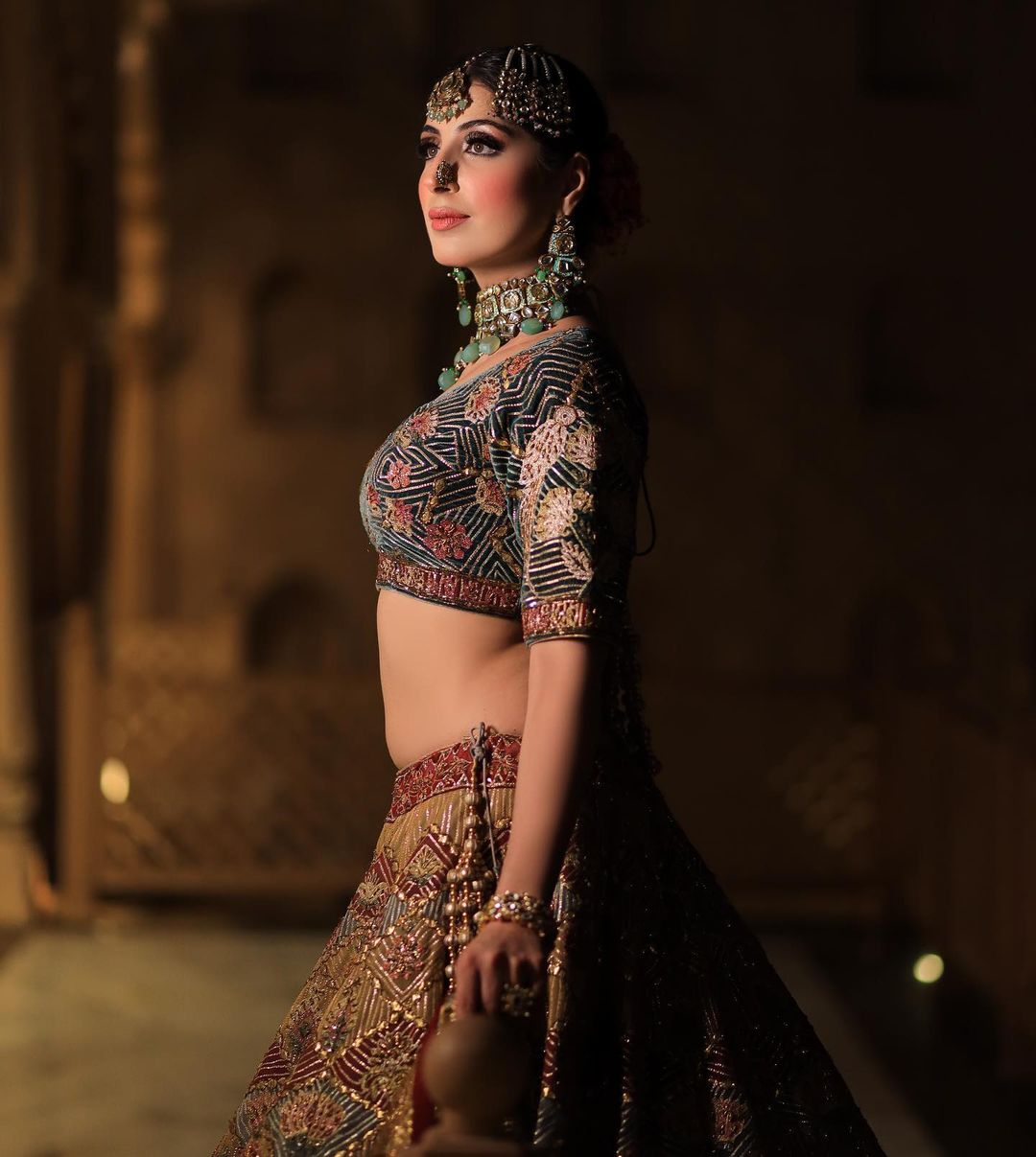 ANTIQUE BRASS COLOR EMBROIDRED LEHENGA SET WITH HEAVY EMBROIDERY