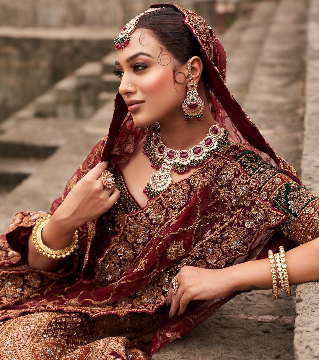 BRIDAL GARNET COLOR DESIGNED LEHENGA WITH HEAVY EMBROIDERY