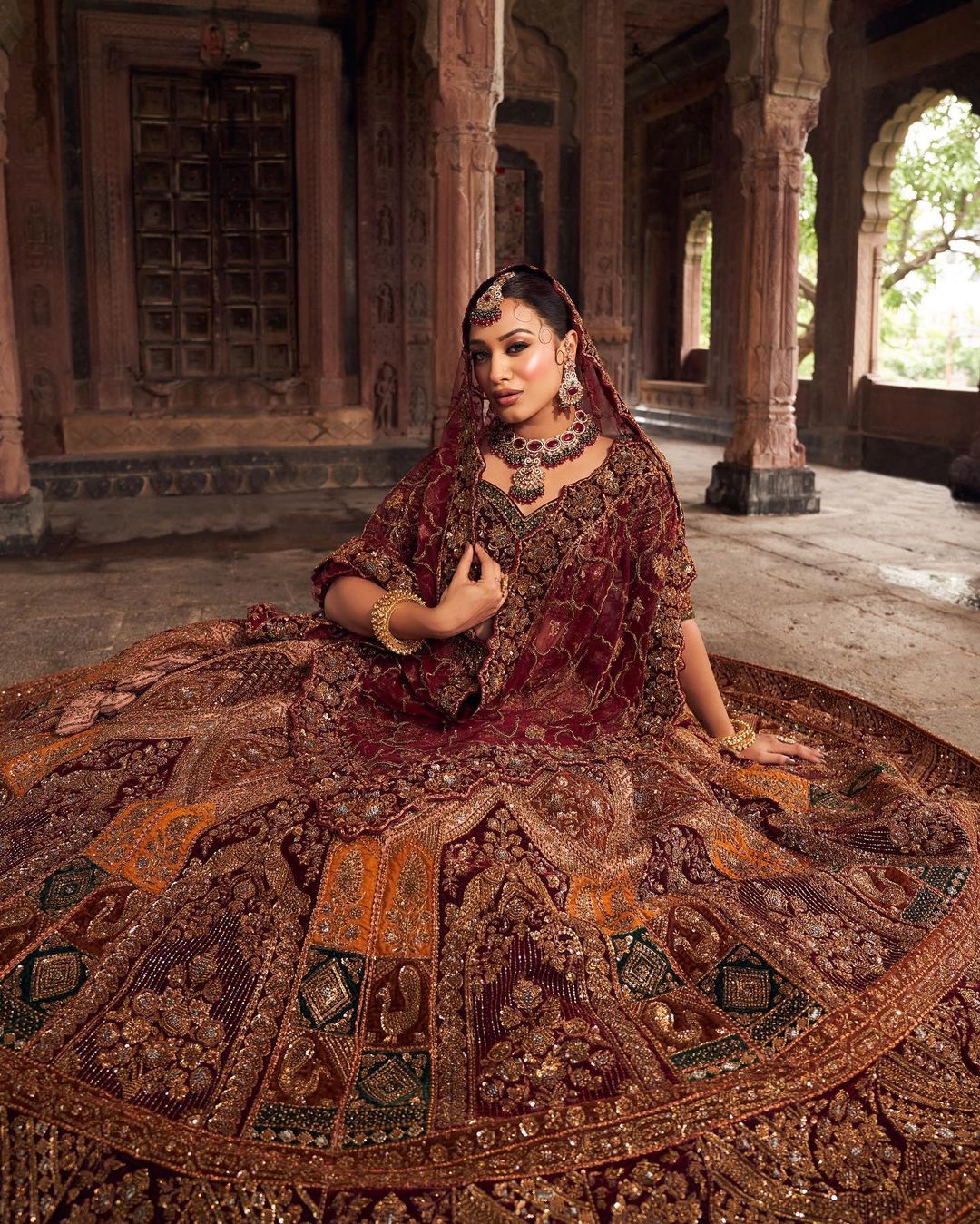 BRIDAL GARNET COLOR DESIGNED LEHENGA WITH HEAVY EMBROIDERY