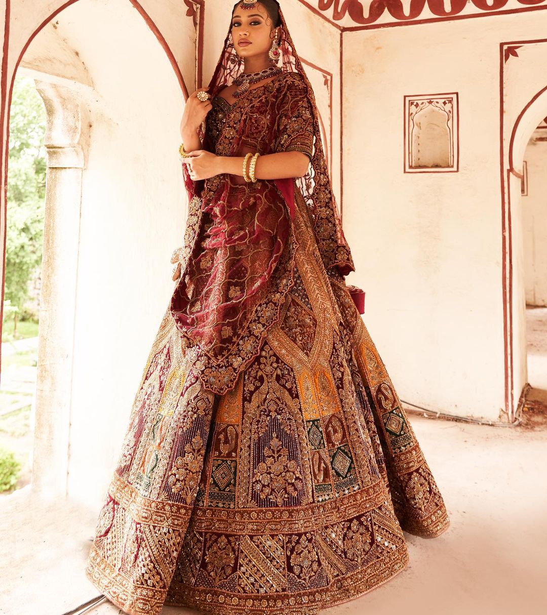 BRIDAL GARNET COLOR DESIGNED LEHENGA WITH HEAVY EMBROIDERY