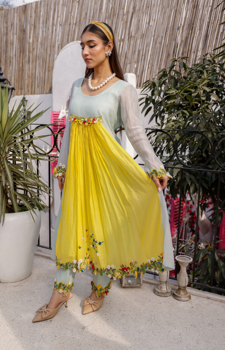 GRAY COLOR KURTI WITH YELLOW BOTTOM