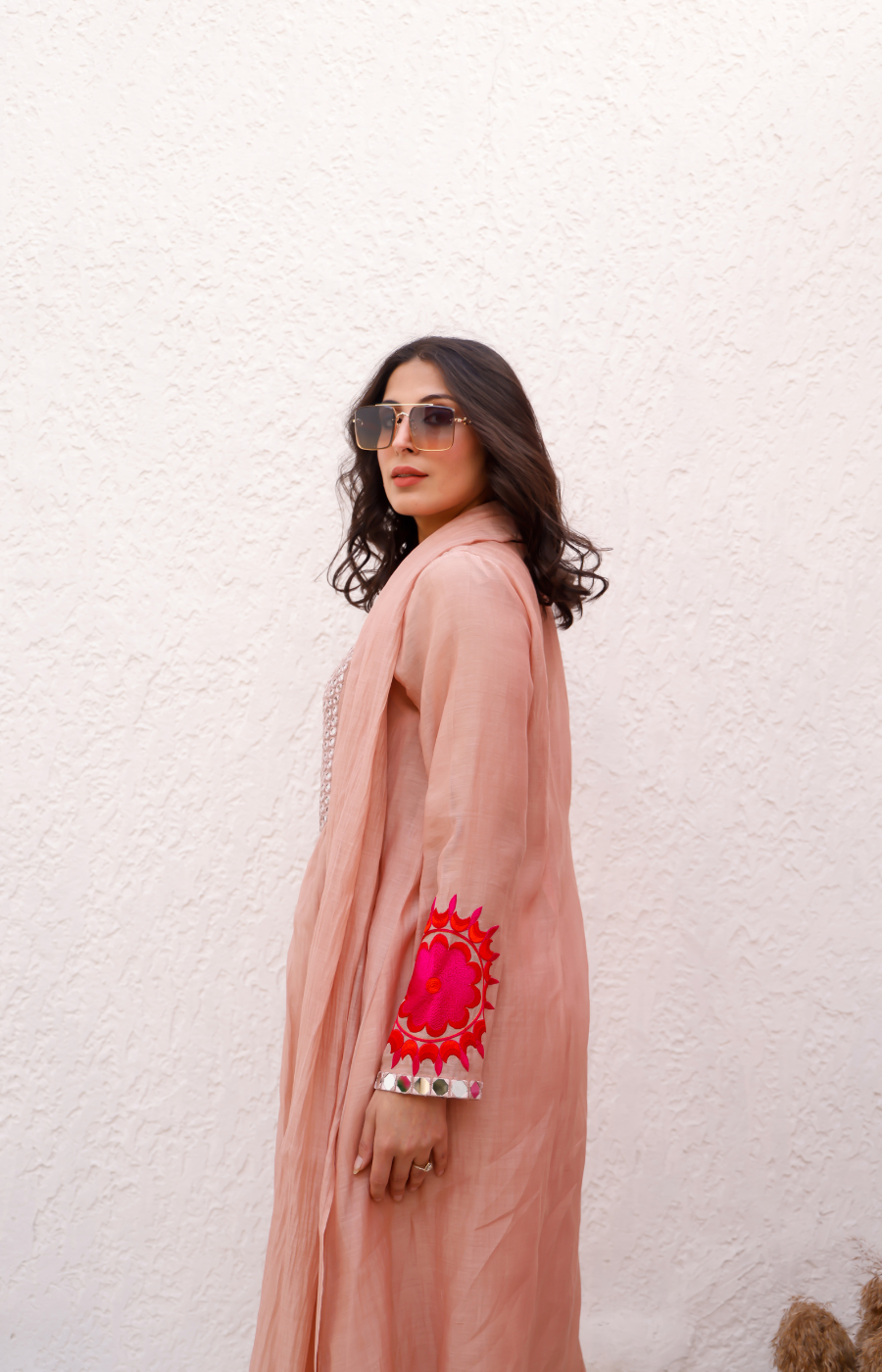 PEACH MIRROR WORK WITH WAIST GATHER SUIT