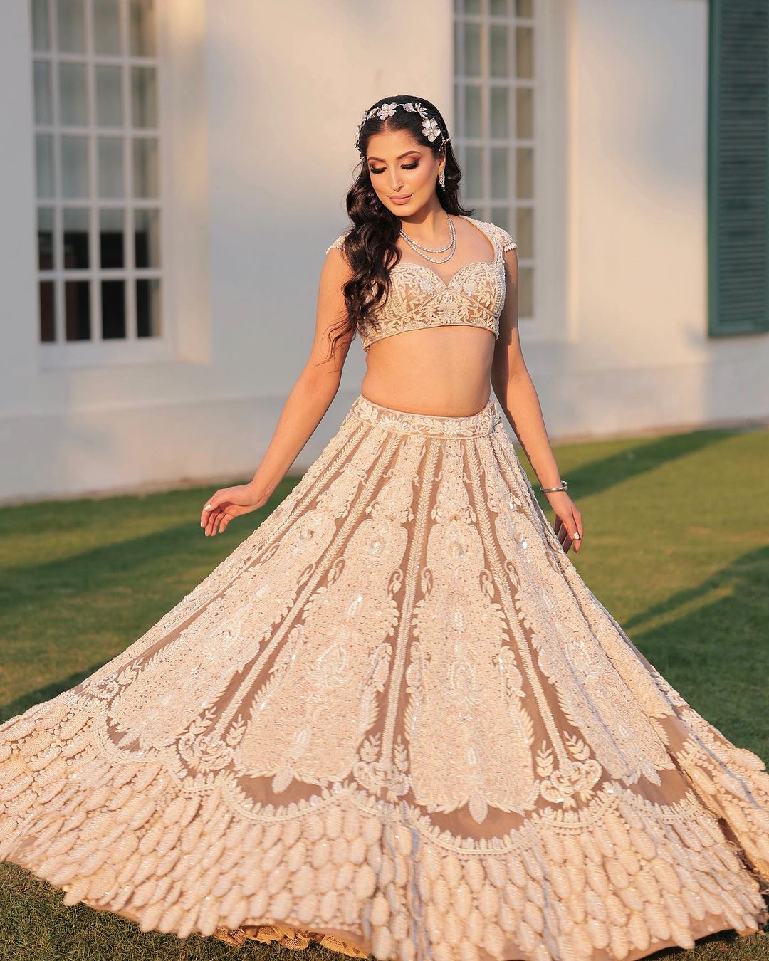 LIGHT TAUPE LEHENGA WITH LEAVES EMBROIDERY