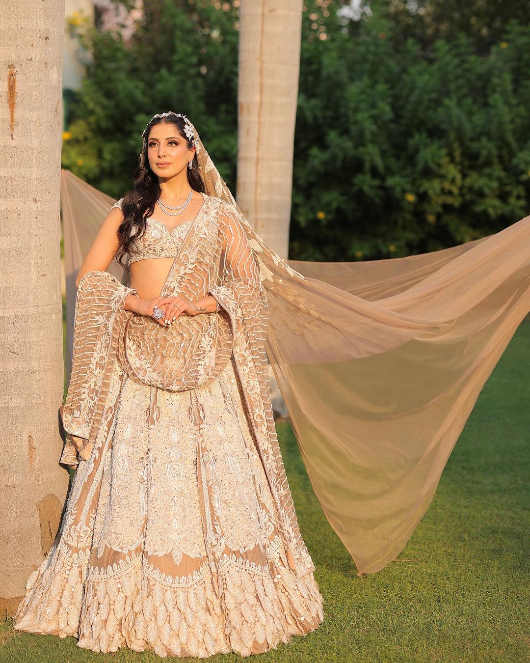 LIGHT TAUPE LEHENGA WITH LEAVES EMBROIDERY