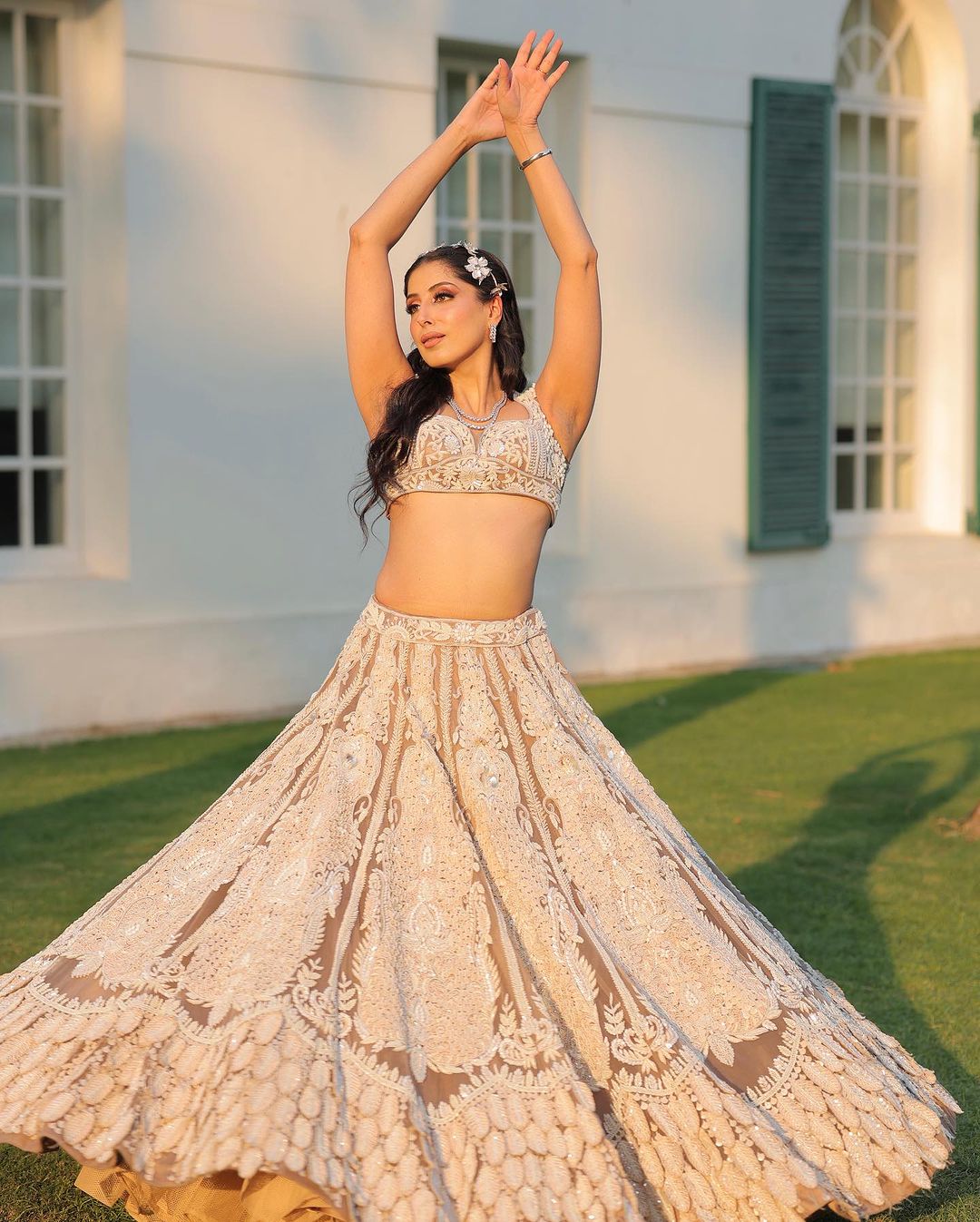 LIGHT TAUPE LEHENGA WITH LEAVES EMBROIDERY