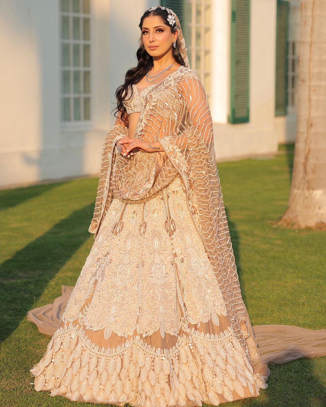 LIGHT TAUPE LEHENGA WITH LEAVES EMBROIDERY