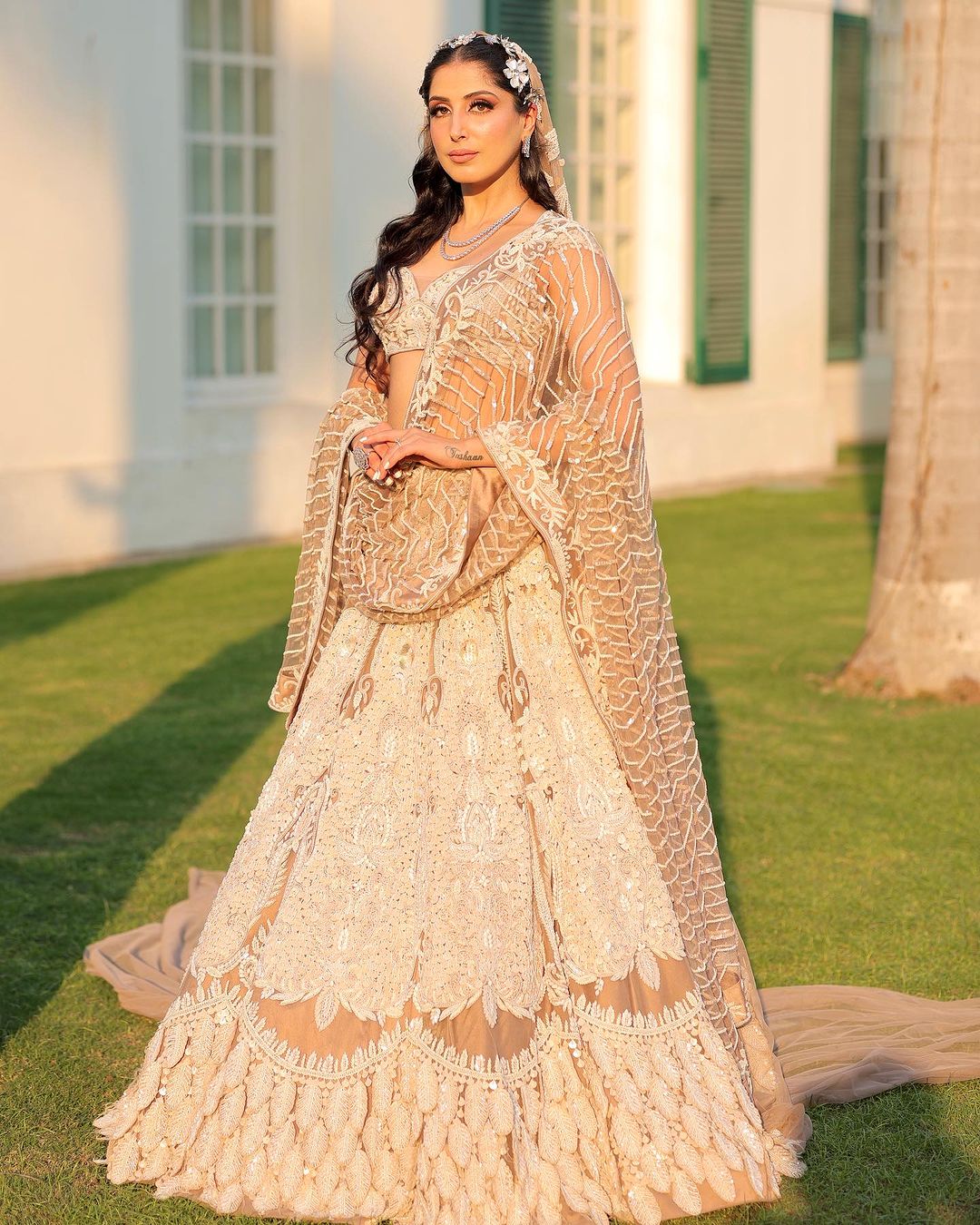 LIGHT TAUPE LEHENGA WITH LEAVES EMBROIDERY