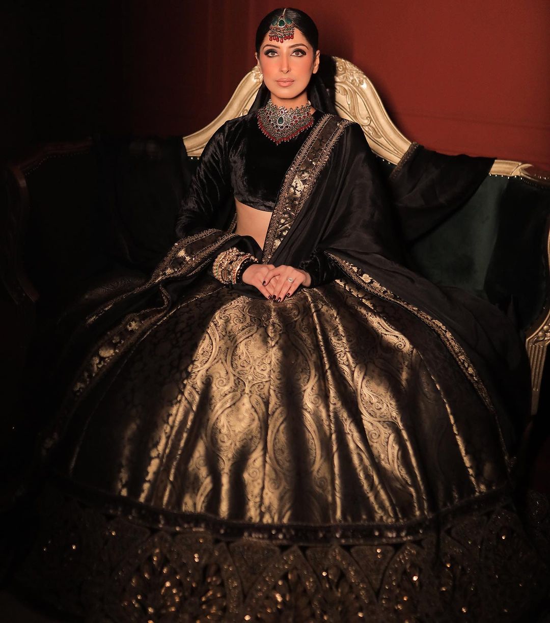 ZINNWALDITE BROWN DESIGNED LEHENGA WITH VELVET TOP