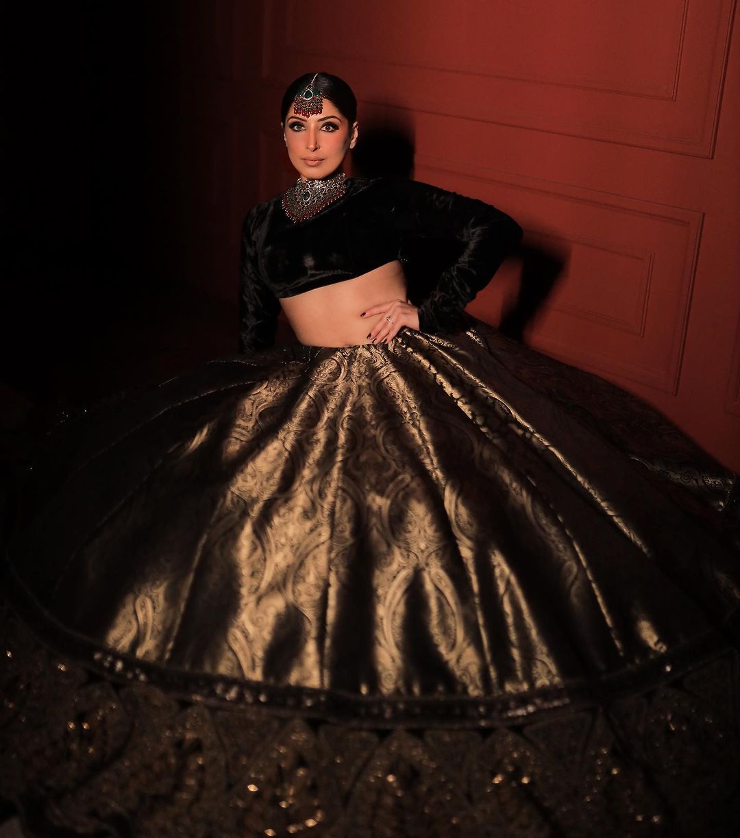 ZINNWALDITE BROWN DESIGNED LEHENGA WITH VELVET TOP