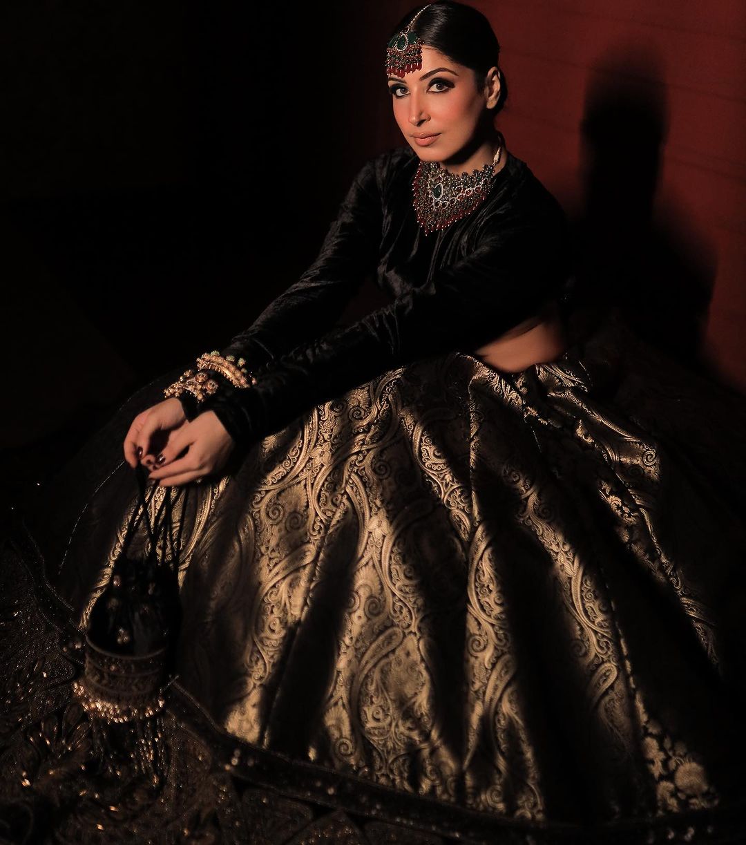 ZINNWALDITE BROWN DESIGNED LEHENGA WITH VELVET TOP