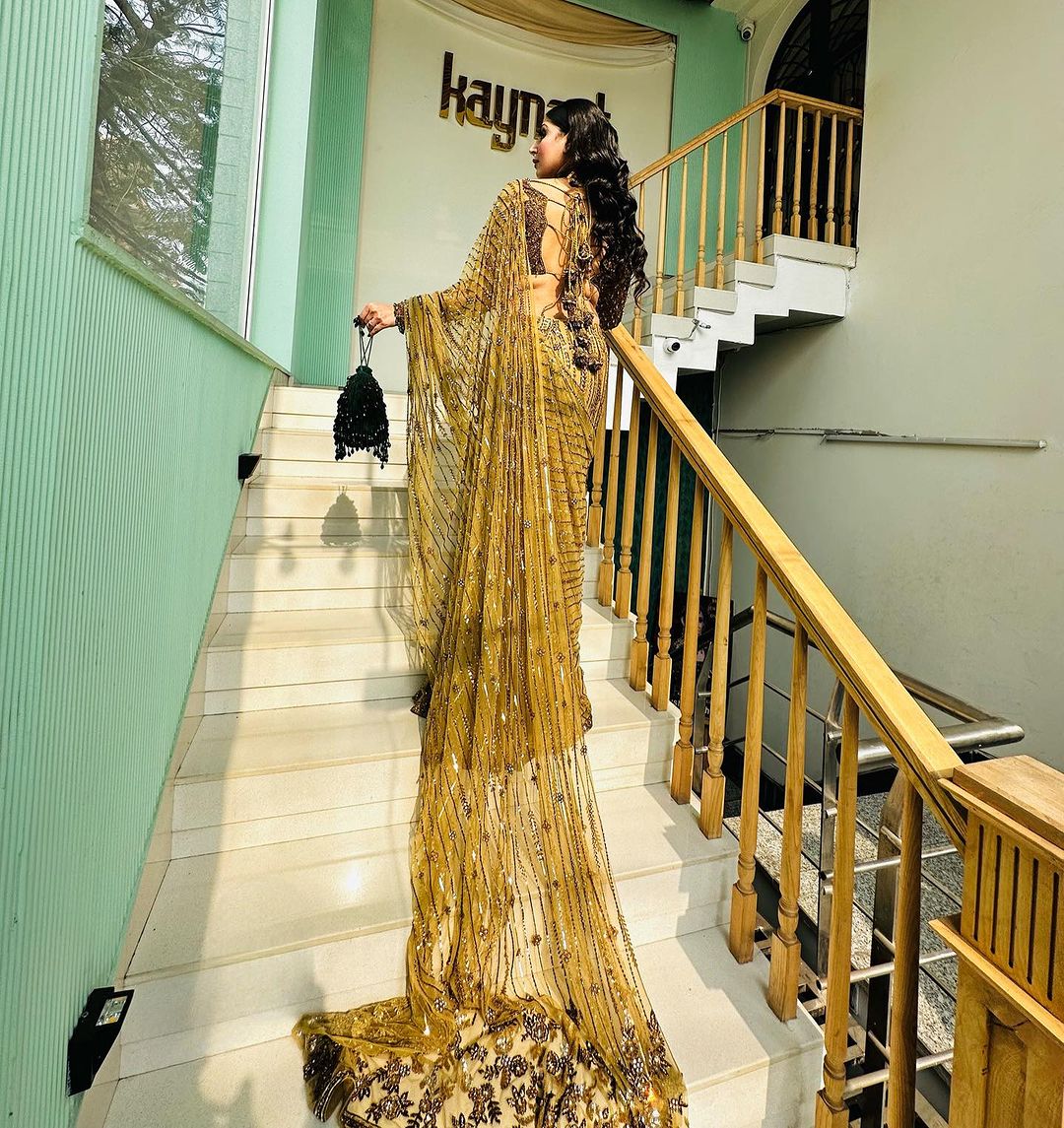 PALE BROWN GOLDEN COLOR SAREE WITH EXQUISITE TRAIL