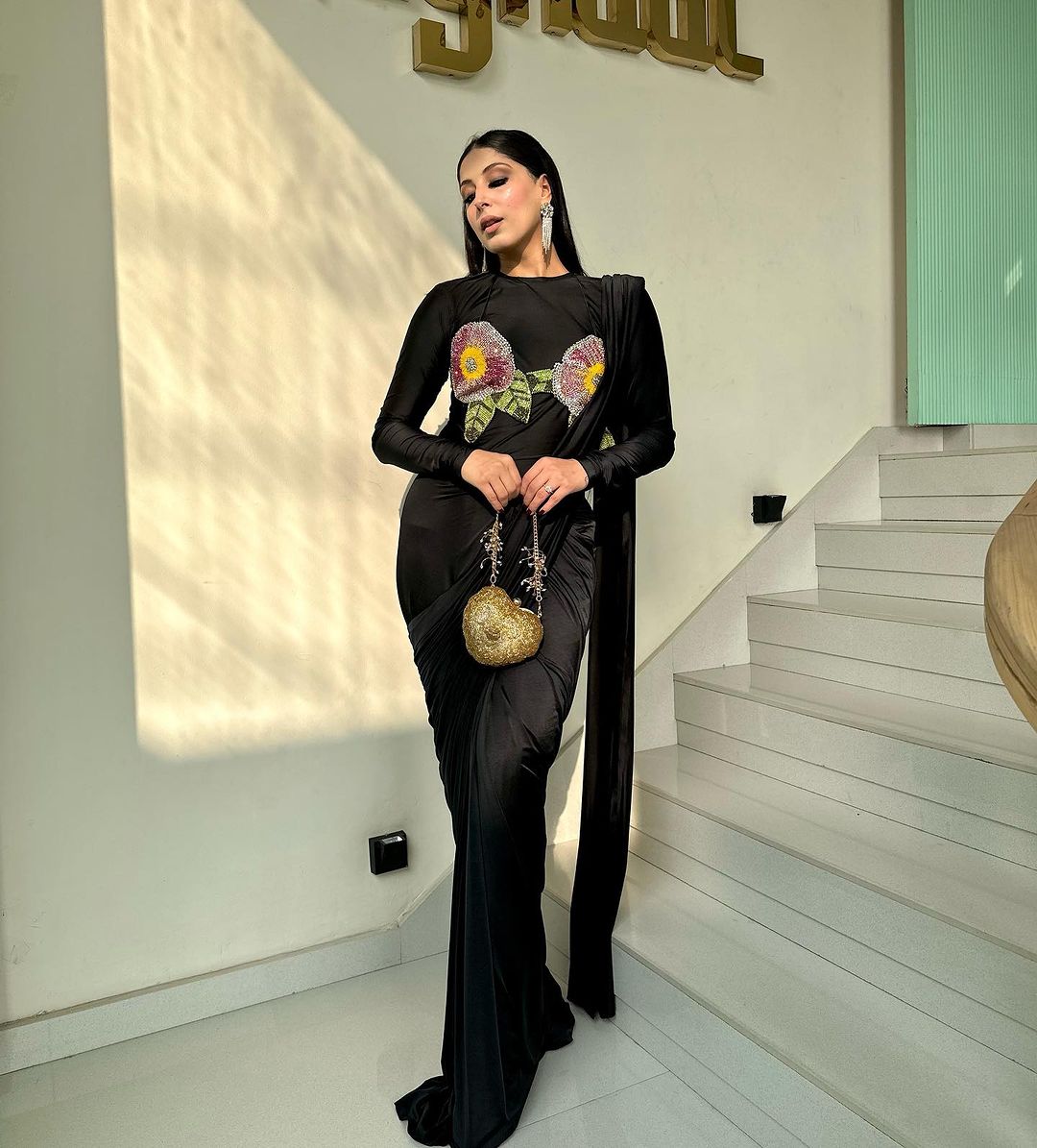 BLACK COLOR SAREE & DRAPE WITH EMBROIDERY ON TOP
