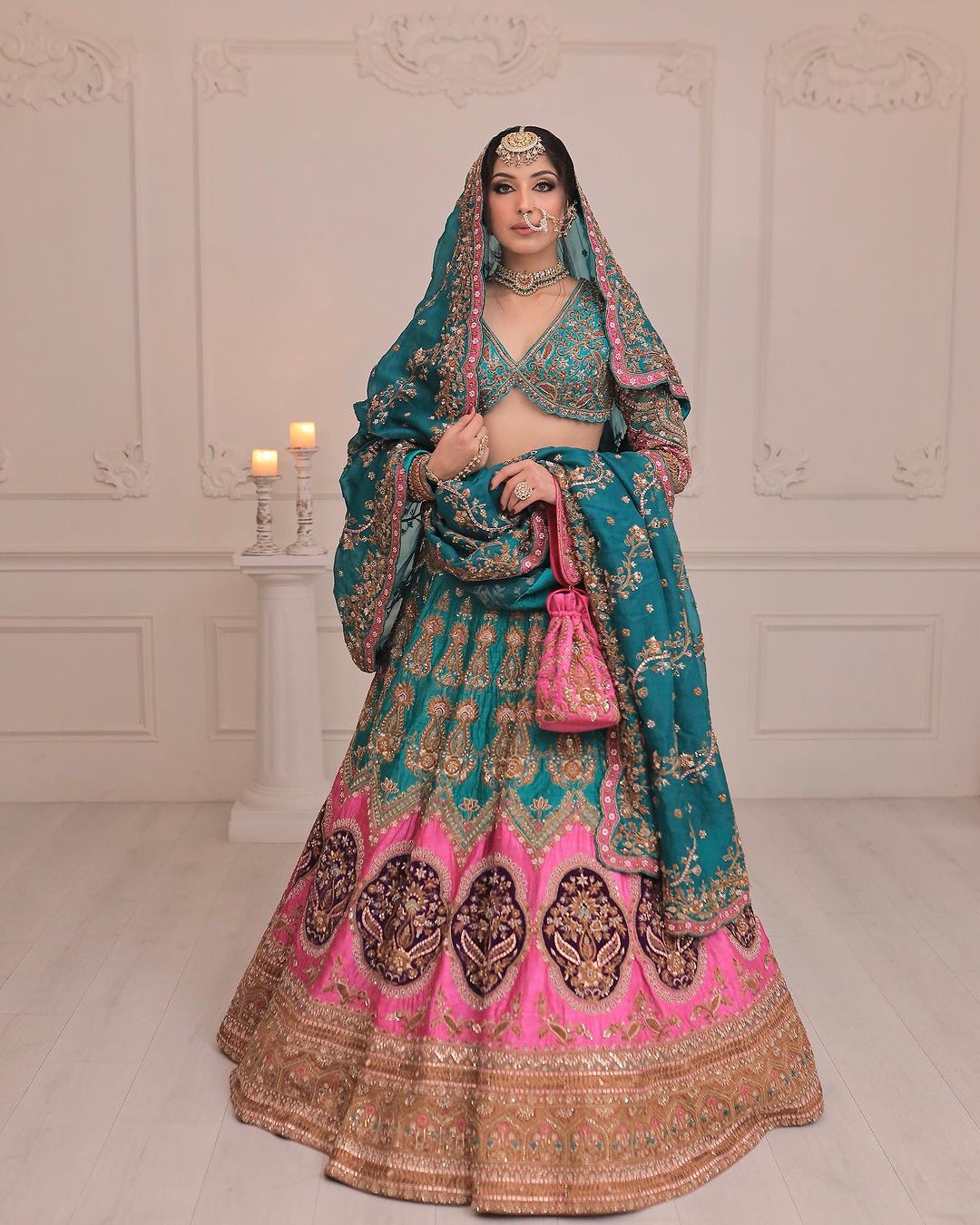DARK CYAN AND PINK LEHENGA