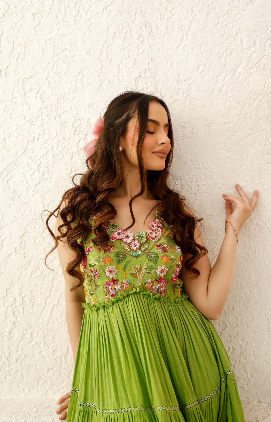 GREEN COLOR KURTI WITH FLOWER EMBROIDERY ON TOP