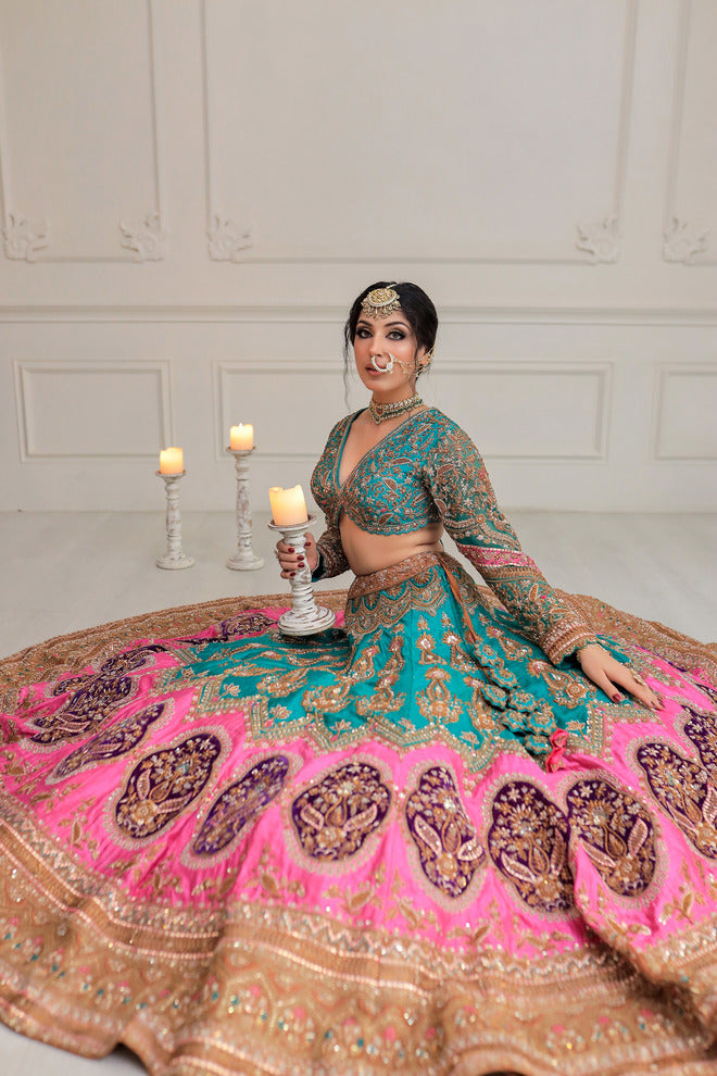 DARK CYAN AND PINK LEHENGA