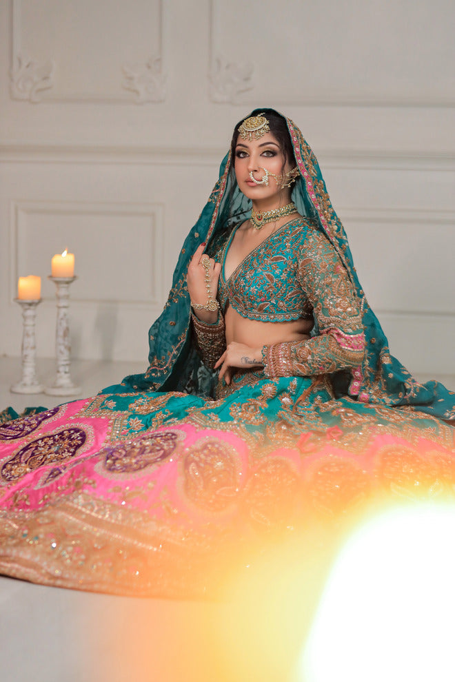 DARK CYAN AND PINK LEHENGA