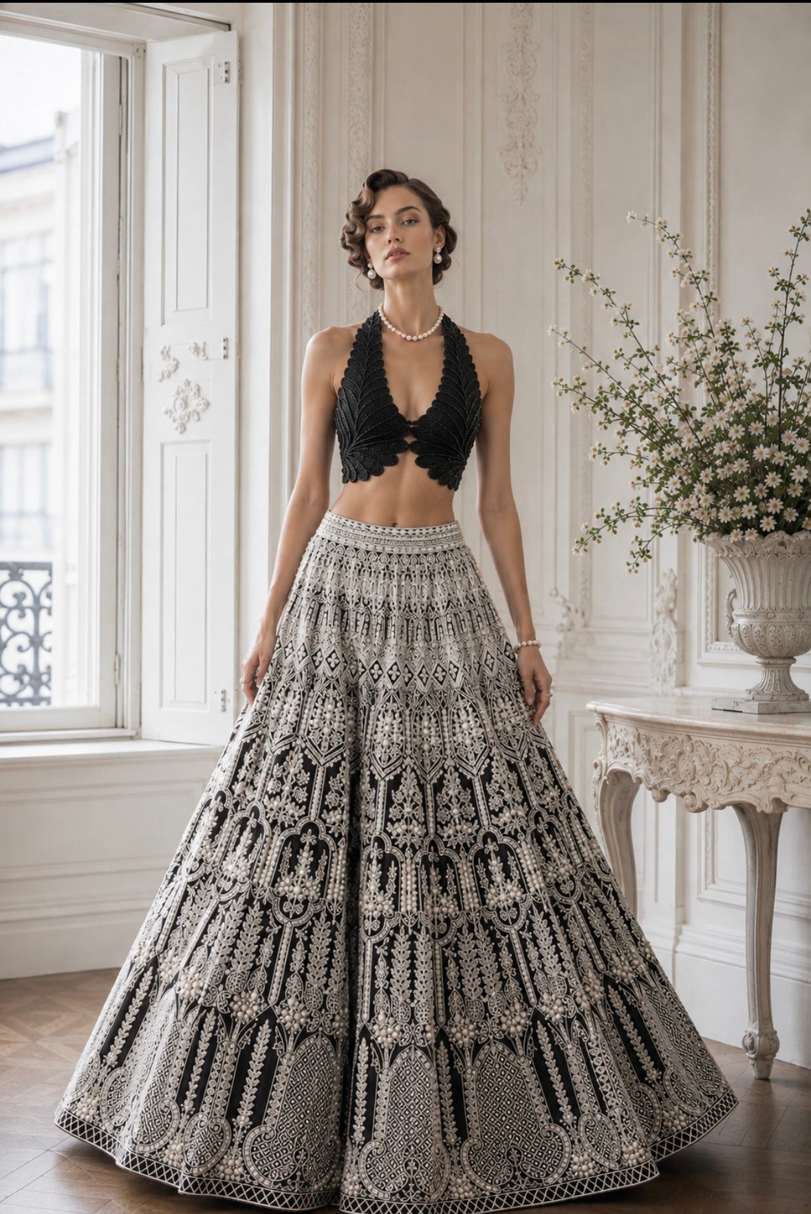 BLACK AND WHITE PERAL LEHENGA
