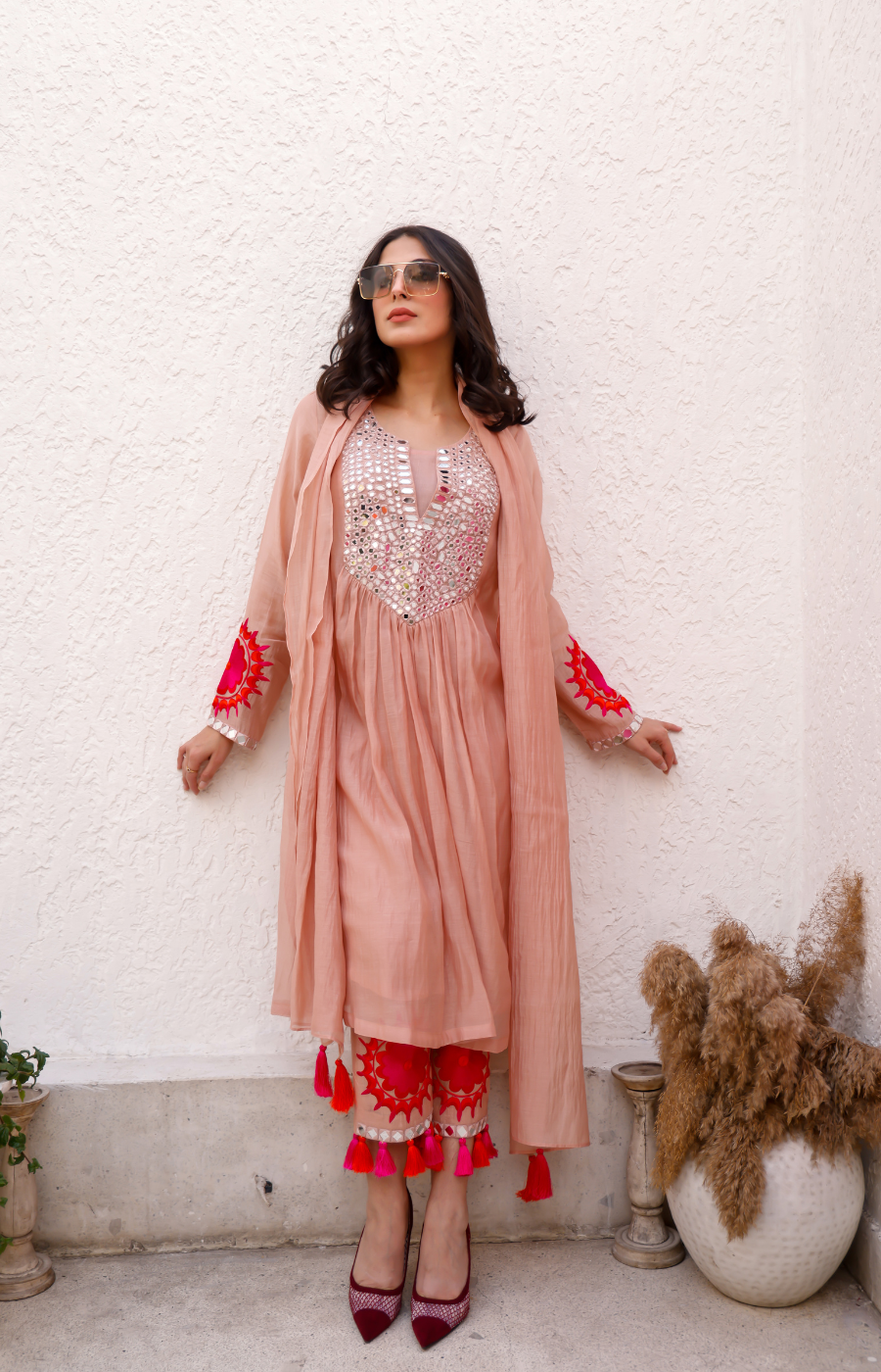 PEACH MIRROR WORK WITH WAIST GATHER SUIT