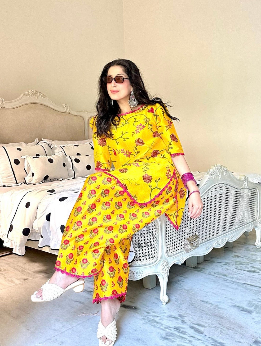 YELLOW PRINTED FARSHI CO-ORD SET