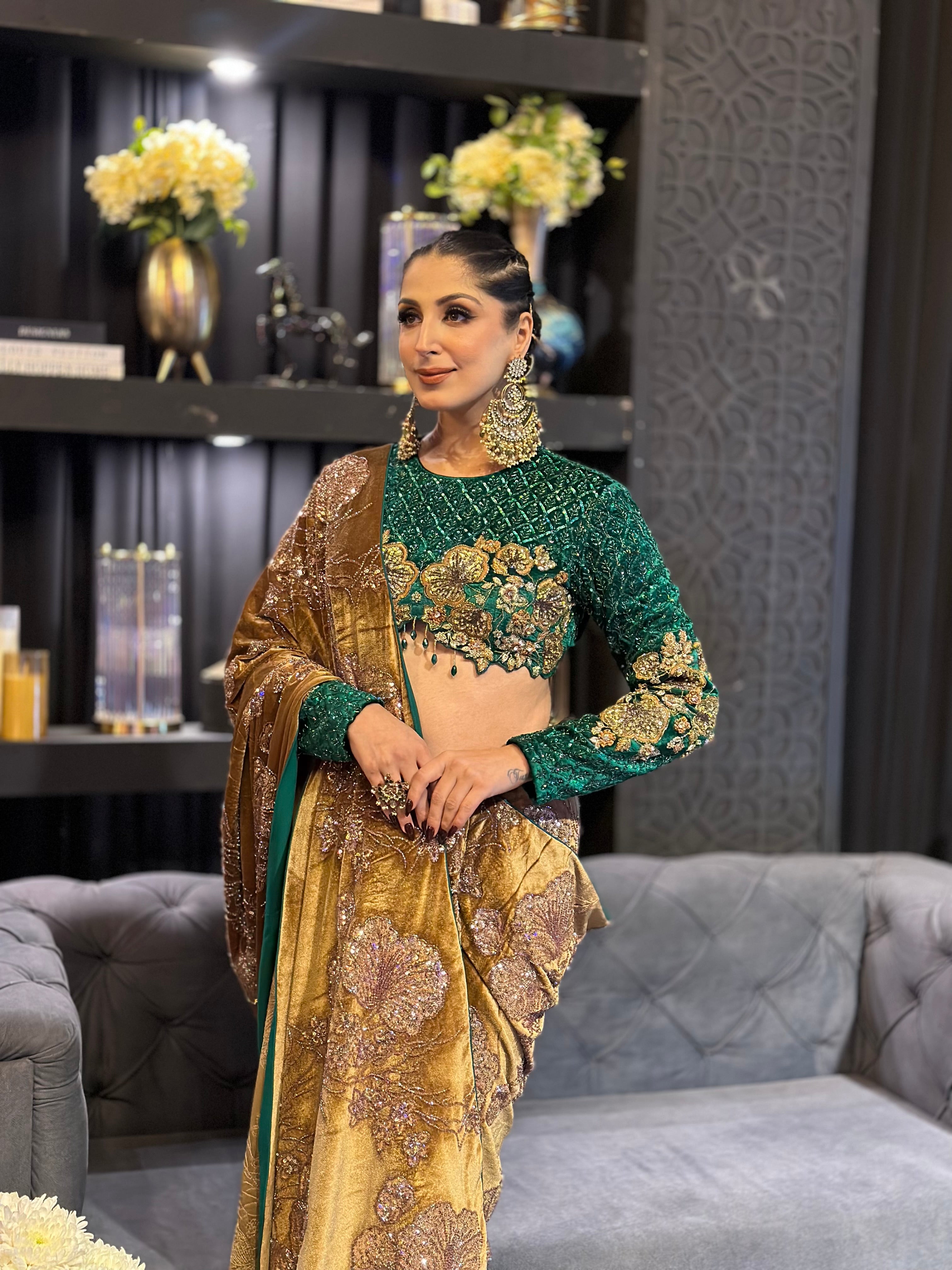 GREEN VELVET HAND EMBROIDERED SAREE