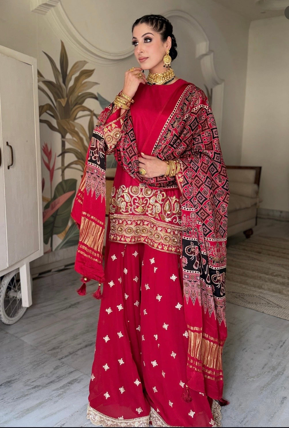 RED SUIT WITH AJRAKH DUPATTA