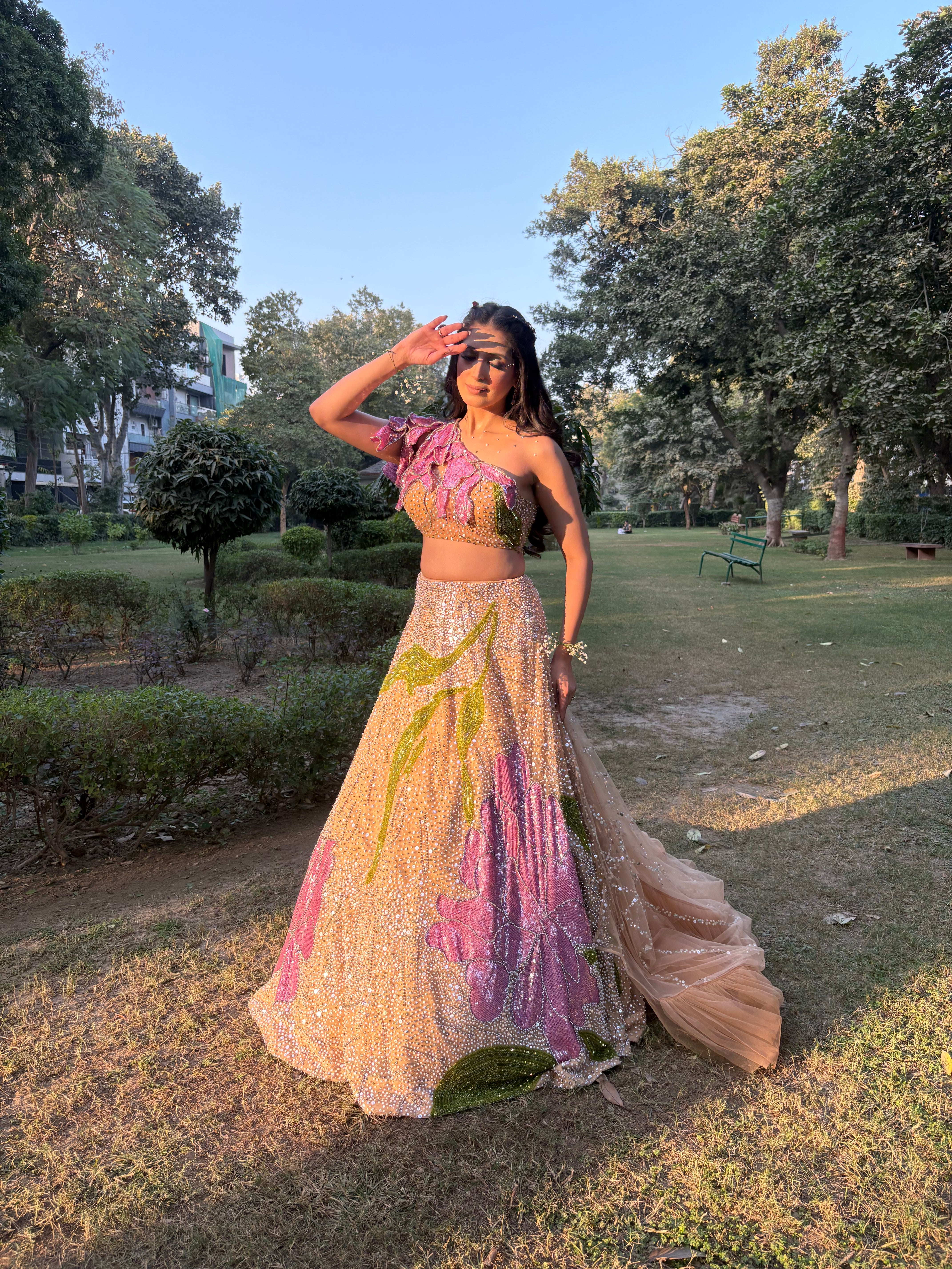 Nude one shoulder Lehnga