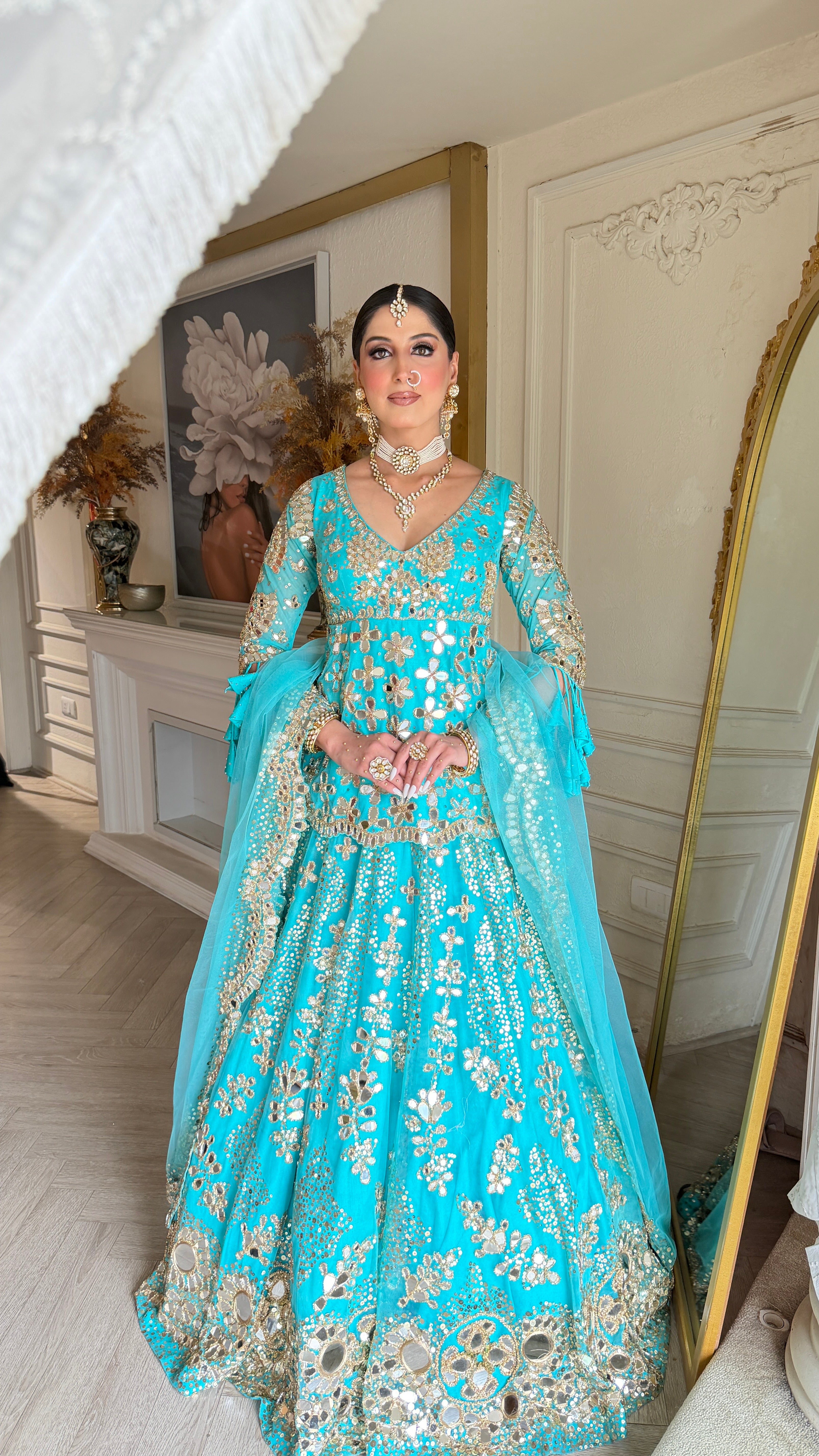BLUE CYAN MIRROR LEHENGA