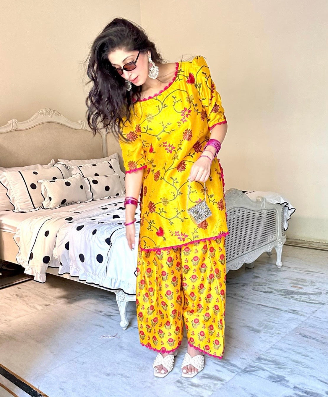 YELLOW PRINTED FARSHI CO-ORD SET