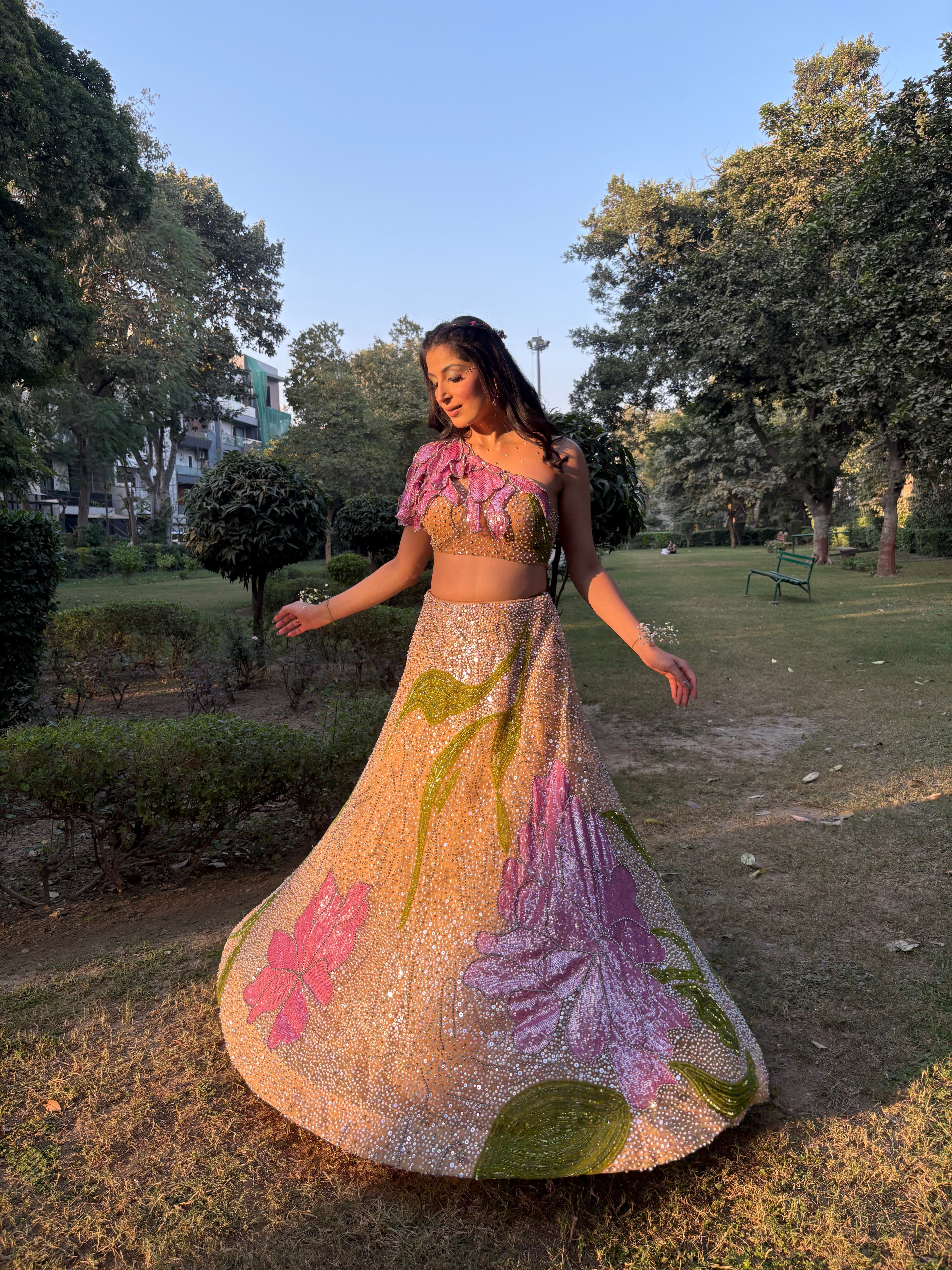 Nude one shoulder Lehnga